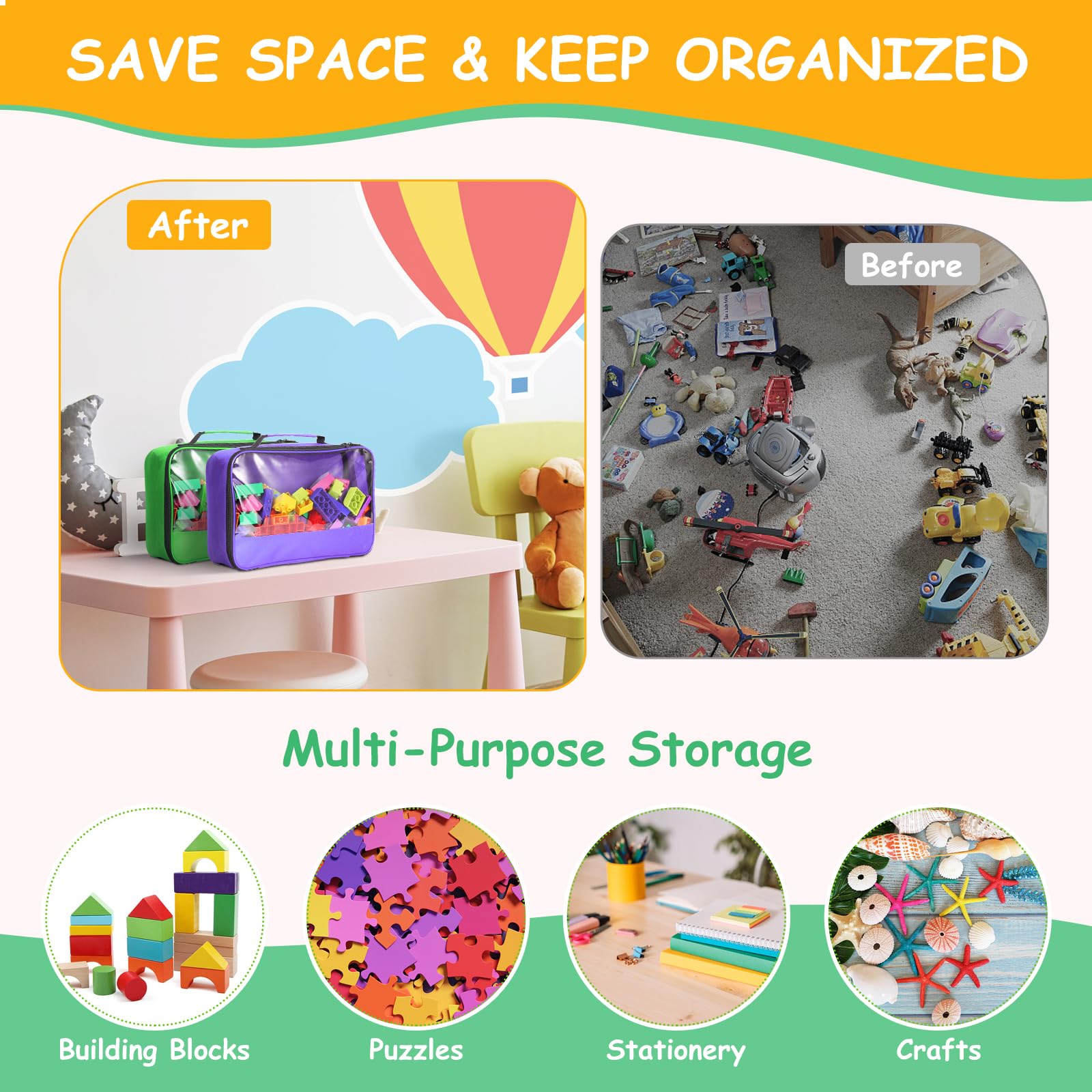 6 Pack Reusable Toy Storage Bags with Zipper & Portable Handle - Organizer for Building Blocks, LEGO Bricks, Puzzles, Books & Board Games - Perfect for Kids Room, Travel & Playroom Organization