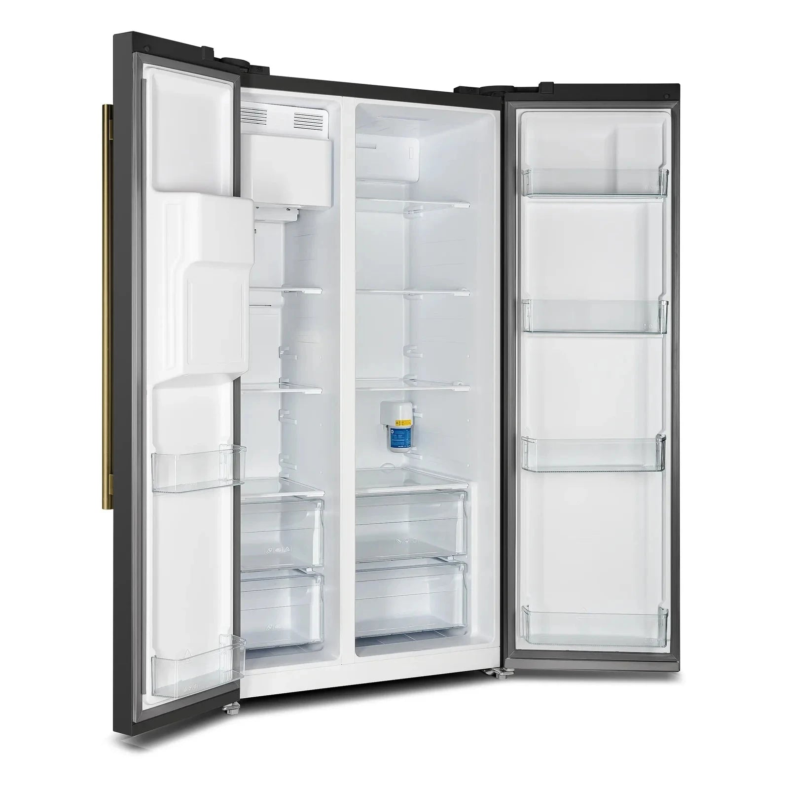 **Forno Espresso Salerno 36-Inch Side by Side Refrigerator with Water Dispenser - Black Finish & Antique Brass Handle (Model FFRBI1844 36BLK) - Perfect for Modern Kitchens & Entertaining**