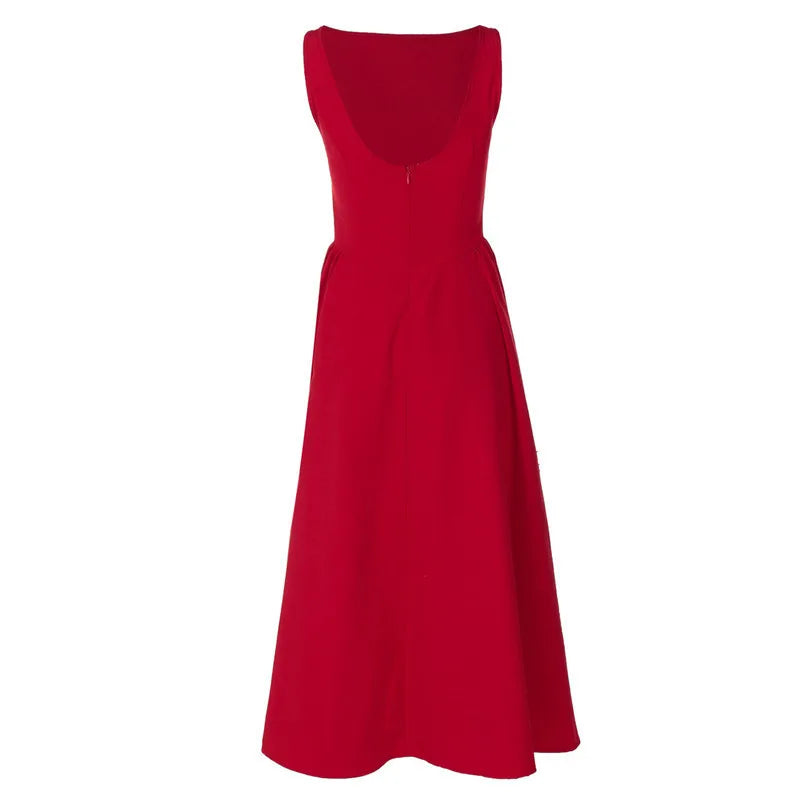 Elegant Backless A-Line Maxi Dress for Women - Solid Color O-Neck Sleeveless Long Gown with High Waist - Perfect for Beach Vacations, Summer Parties & Date Nights