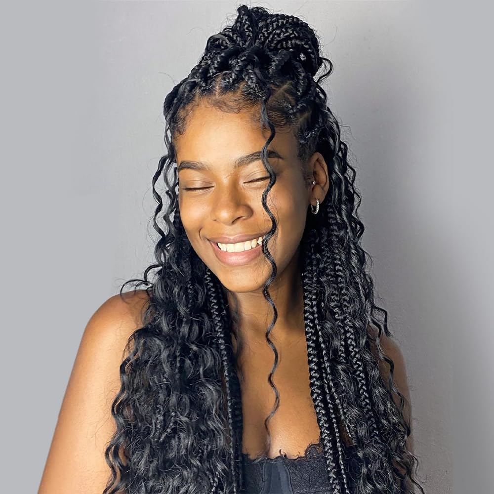 Natural Color 14 Inch Crochet Boho Box Braids with Human Hair Curls - Pre-Looped Box Braids with Curly Human Hair & Full Ends - 2 Pack (80 Strands) Hair Extensions for Women - Perfect for Boho Chic, Festival, and Everyday Protective Styles