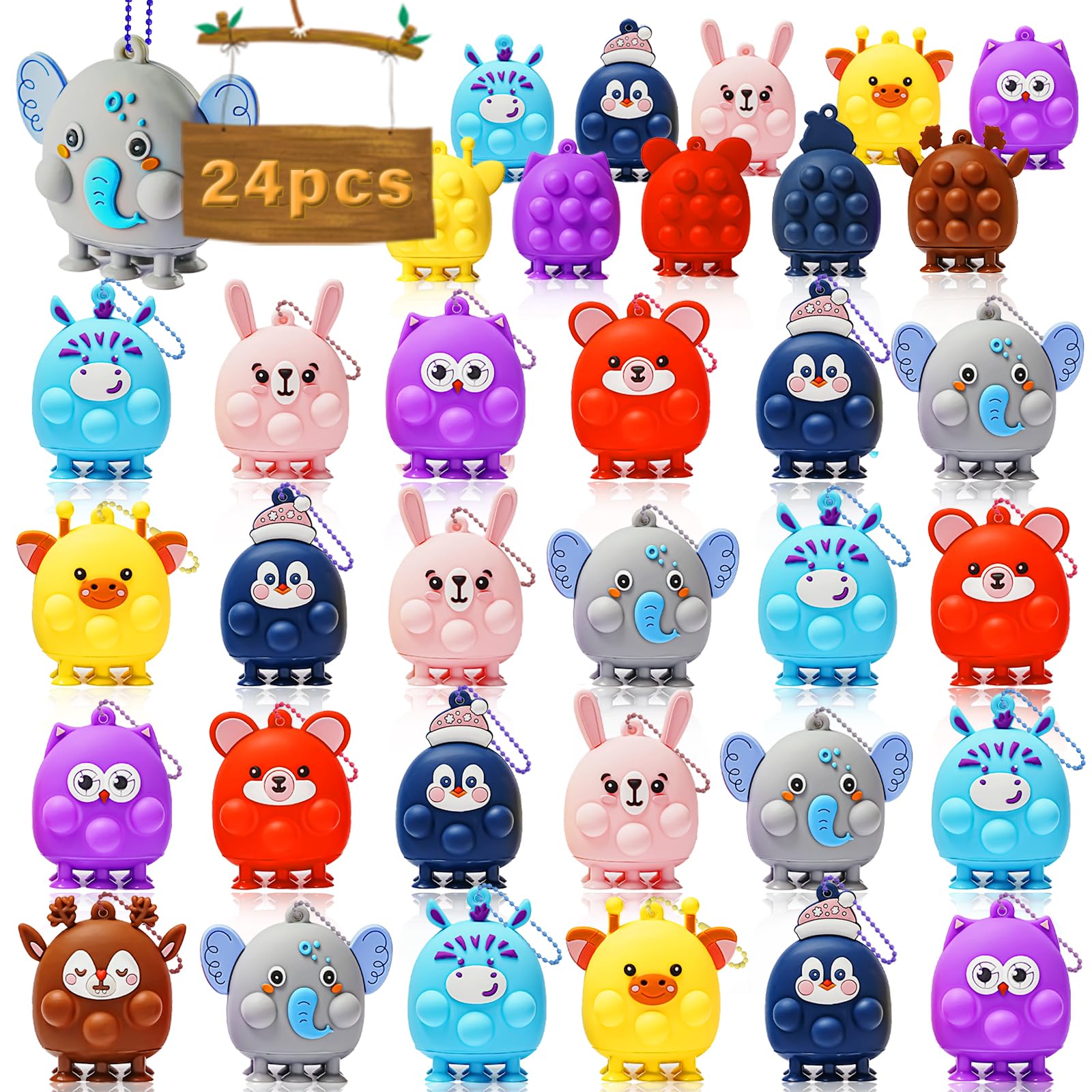 24 Pcs 3D Animal Pop Fidget Toys Bulk, Sensory Bath Suction Toys for Toddlers, Carnival Treasure Classroom Prizes, Stocking Stuffers, Birthday Party Favors for Kids, Perfect for Stress Relief and Sensory Play