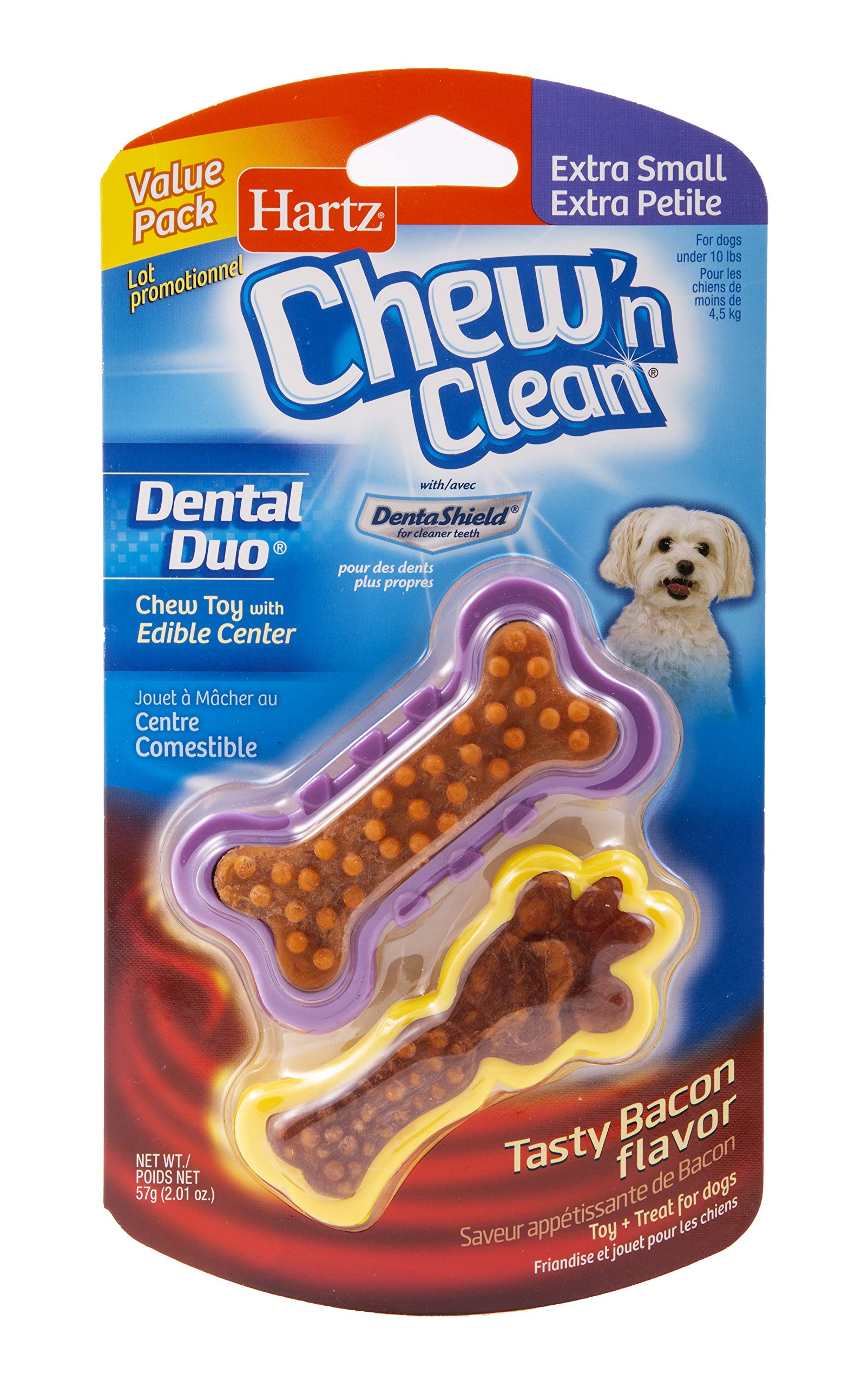 Hartz Chew 'n Clean Dental Duo Dog Chew Toy - Bacon Flavor Dog Treat & Teeth Cleaning Toy - Small/Medium/Large Sizes for Puppies & Adult Dogs - Perfect for Indoor Play & Dental Health Care