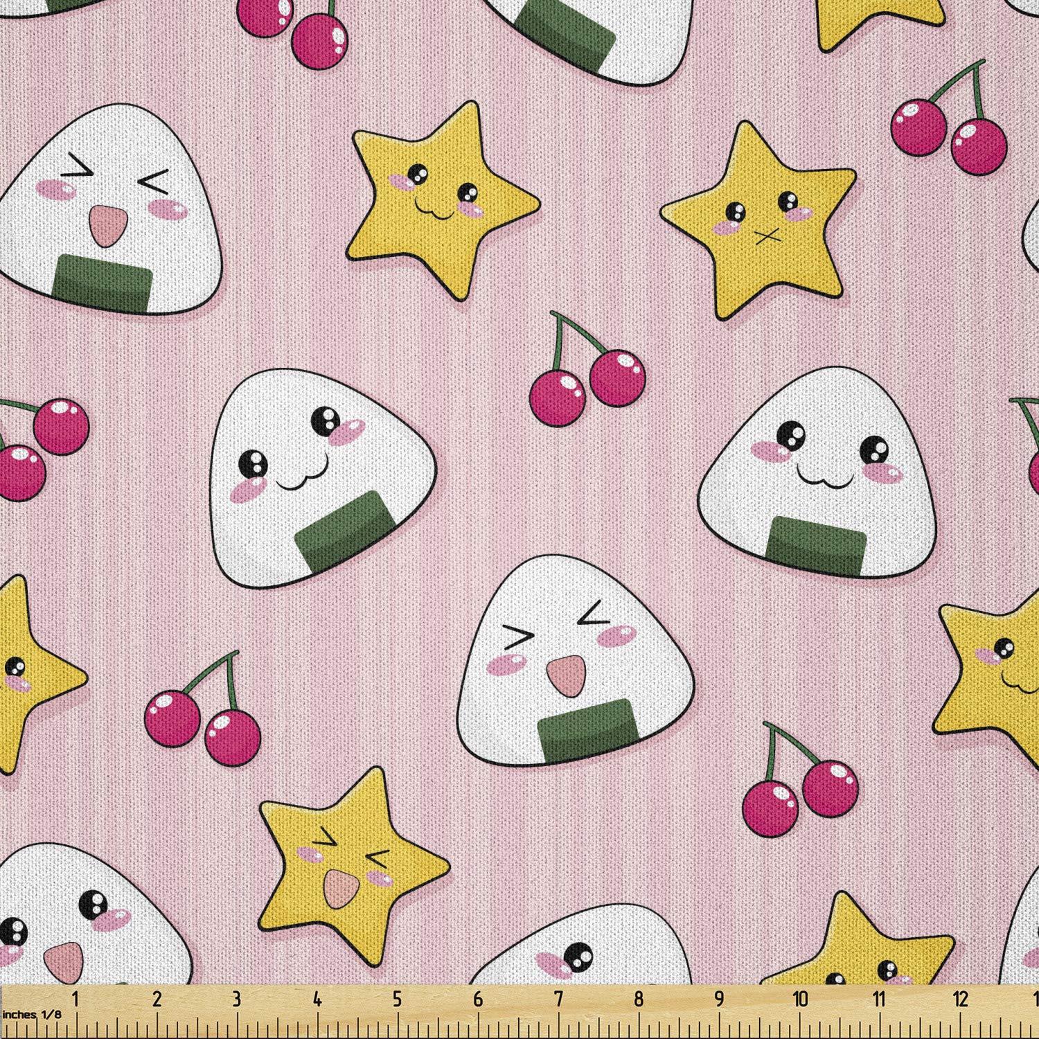 Ambesonne Japanese Fabric by The Yard - Kawaii Anime Rice Ball & Cherry Pattern Microfiber Material for DIY Crafts, Sewing Projects & Home Decor (10 Yards, Pink) | Perfect for Making Cute Pillows, Curtains & Kawaii Fashion Accessories