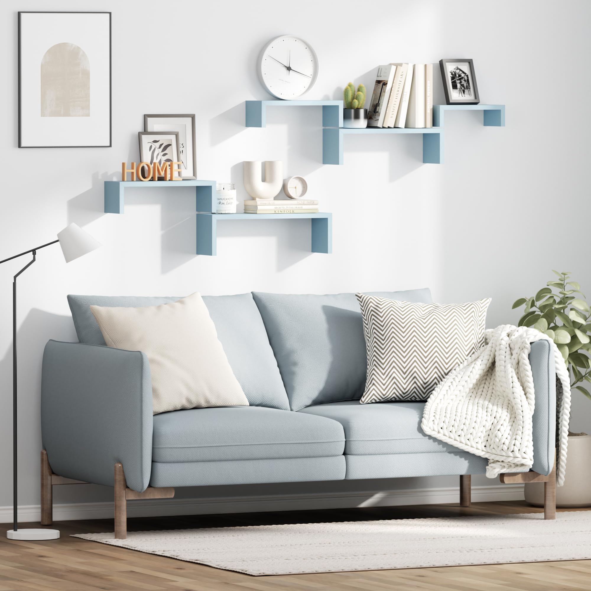 SRIWATANA Floating Wall Shelves Set of 5 - Rustic Wooden Shelves for Bathroom, Bedroom, Living Room, Kitchen & Office Decor (Blue) - Perfect for Organizing Books, Plants & Decorative Items