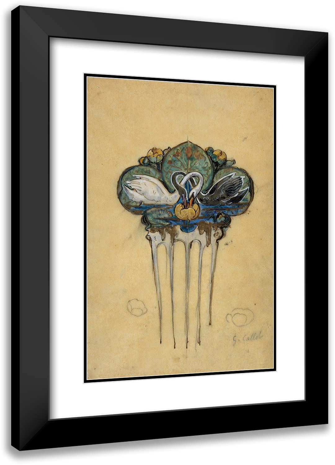 Georges Callot 13x18 Black Modern Frame with Double Matted Museum Art Print - Preparatory Drawing for Swan & Water Lily Comb Decor (1900) | Elegant Home & Office Wall Decor, Perfect for Living Room, Bedroom, or Gallery Display