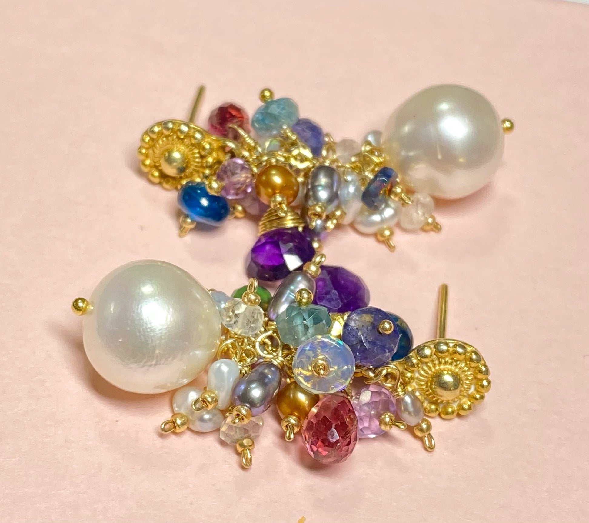 Gemstone Cluster Pearl Earrings - Amethyst, Opal & Pink Tourmaline Gold Post Stud Earrings for Women | Elegant Jewelry Gift for Birthday, Anniversary & Special Occasions