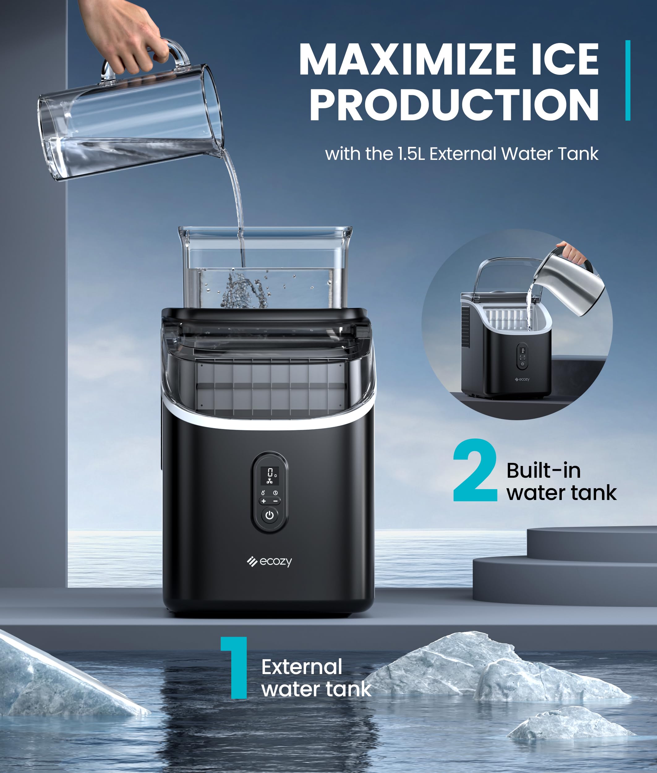 Ecozy Countertop Ice Maker Machine - 33lbs Daily Output, Self-Cleaning Portable Ice Cube Maker with 1.5L External Water Tank for Home, Office, Party & Bar - Perfect for Cocktails, Beverages & Outdoor Gatherings