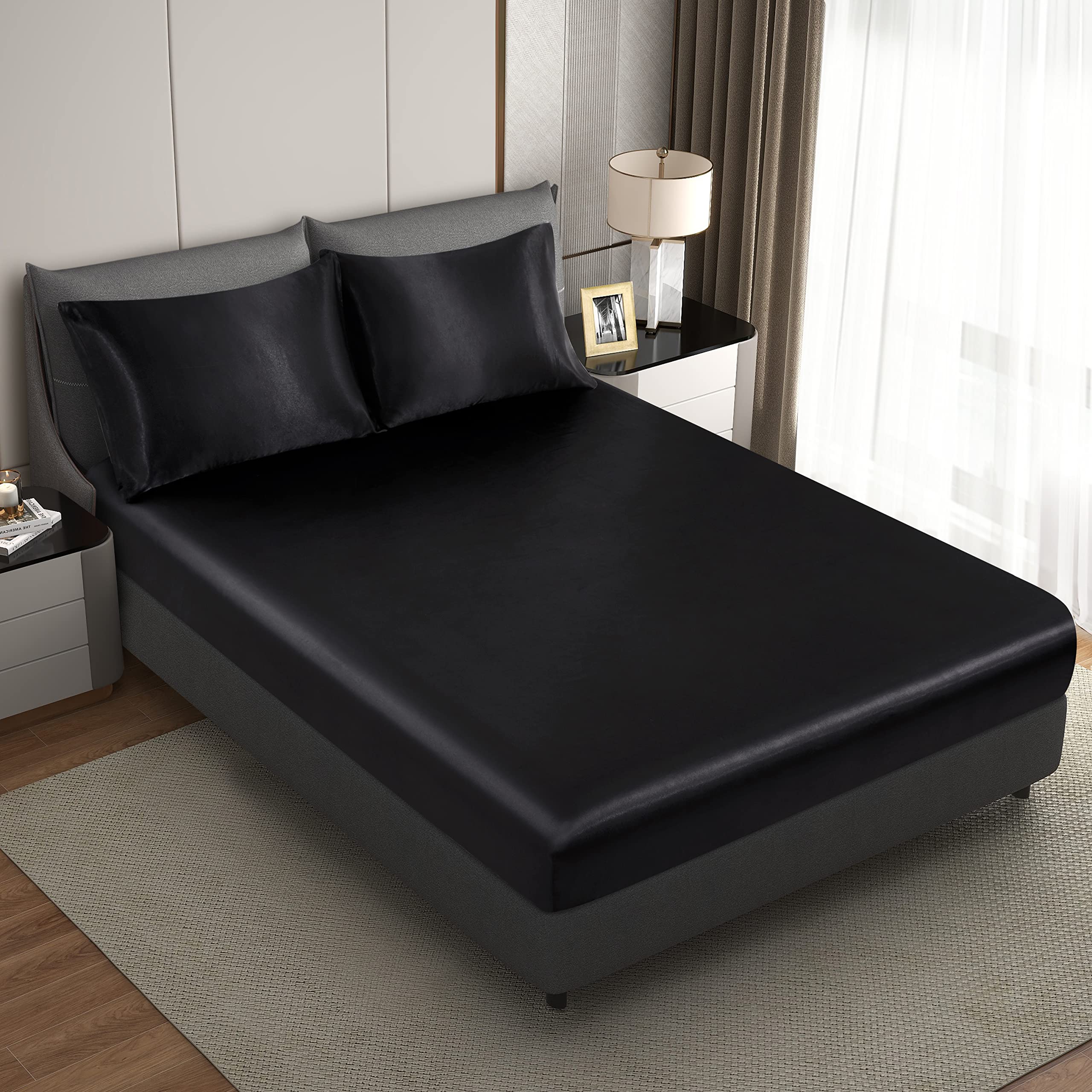 Silk Satin Black Twin Fitted Sheet - Deep Pocket 16