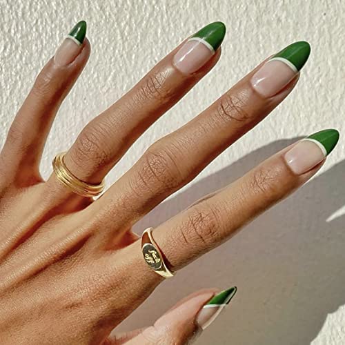 Ezpieces Short French Tip Press on Nails with Floral Designs - 24PCS Medium Coffin Fake Nails with Glue - Green Acrylic Glue on Nails for Women - Perfect for Daily Wear, Parties & Special Occasions
