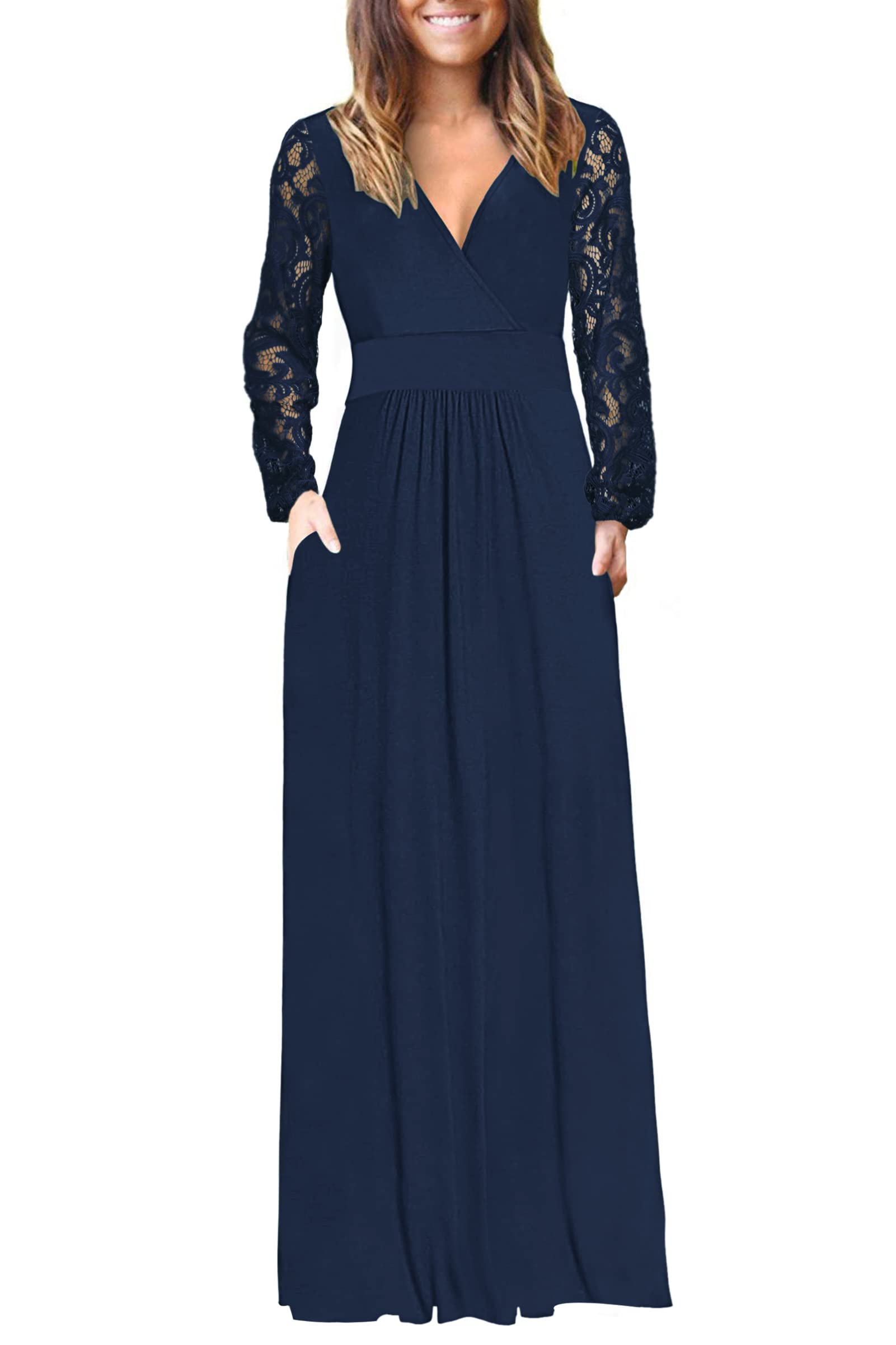 AUSELILY Women's Long Sleeve Maxi Dress 2025 Fall Fashion - Elegant Lace Sleeve V-Neck Wrap Waist Dress with Pockets | Perfect for Weddings, Parties & Autumn Outfits