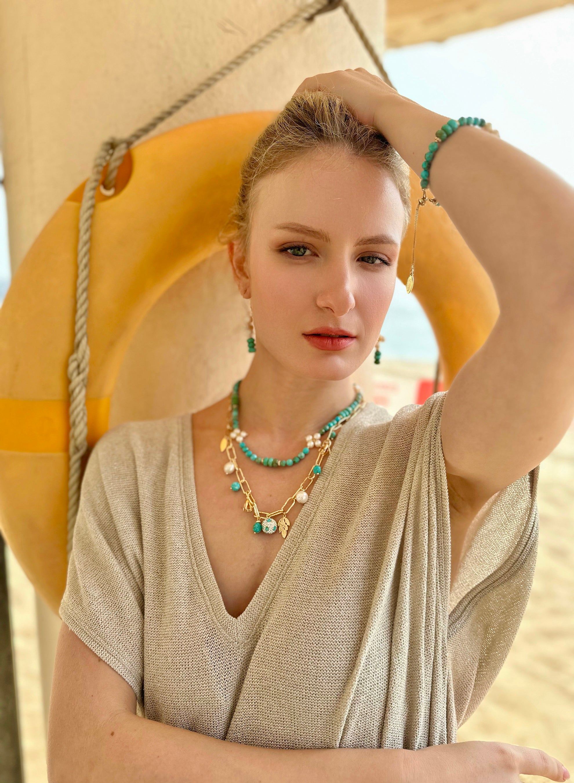 Turquoise Flower Pearl Necklace for Women - Elegant Bohemian Jewelry Gift for Birthday, Wedding & Party (JN056)