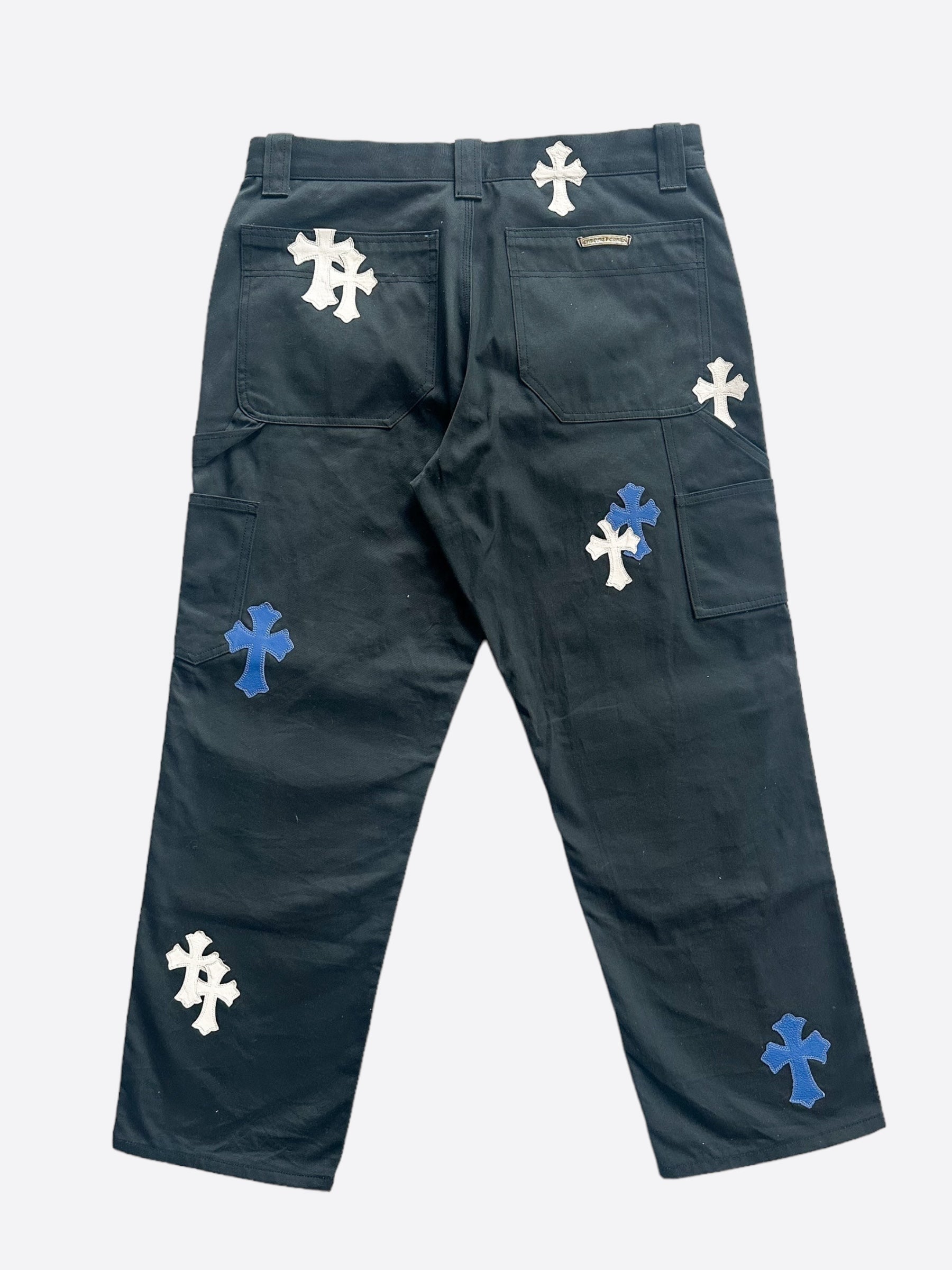 Chrome Hearts Black White & Blue Cross Patch Carpenter Pants - Stylish Distressed Denim Jeans for Men | Perfect for Streetwear & Casual Outfits