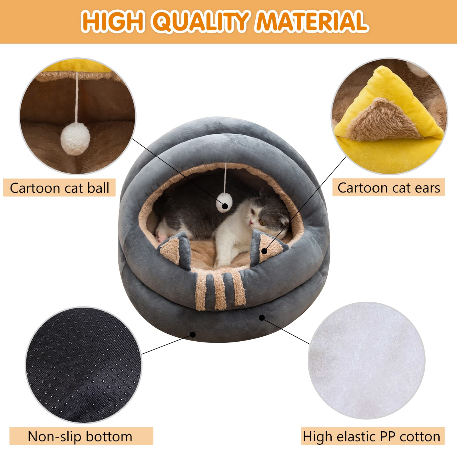 **Orthopedic Cat Bed for Indoor Cats - Soft, Washable & Anti-Slip Pet Cushion for Small, Medium, Large Dogs & Cats - Cozy Cat-Shaped Cave with Hanging Toy - Perfect for Lounging, Napping & Playtime**