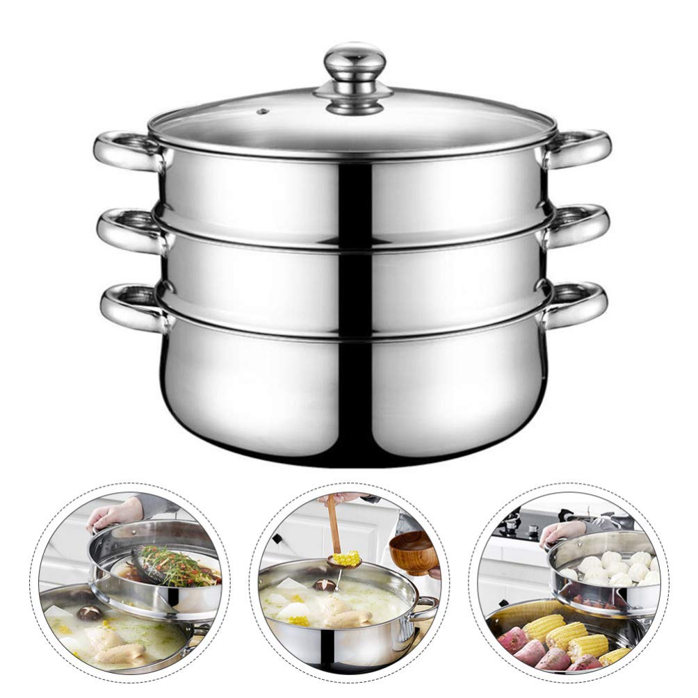 Premium Stainless Steel 3-Layer Steamer Pot for Soup, Stock & Cooking | Heavy-Duty Steamer Pot with Lid for Home Kitchen | Ideal for Steaming Vegetables, Seafood & Dumplings
