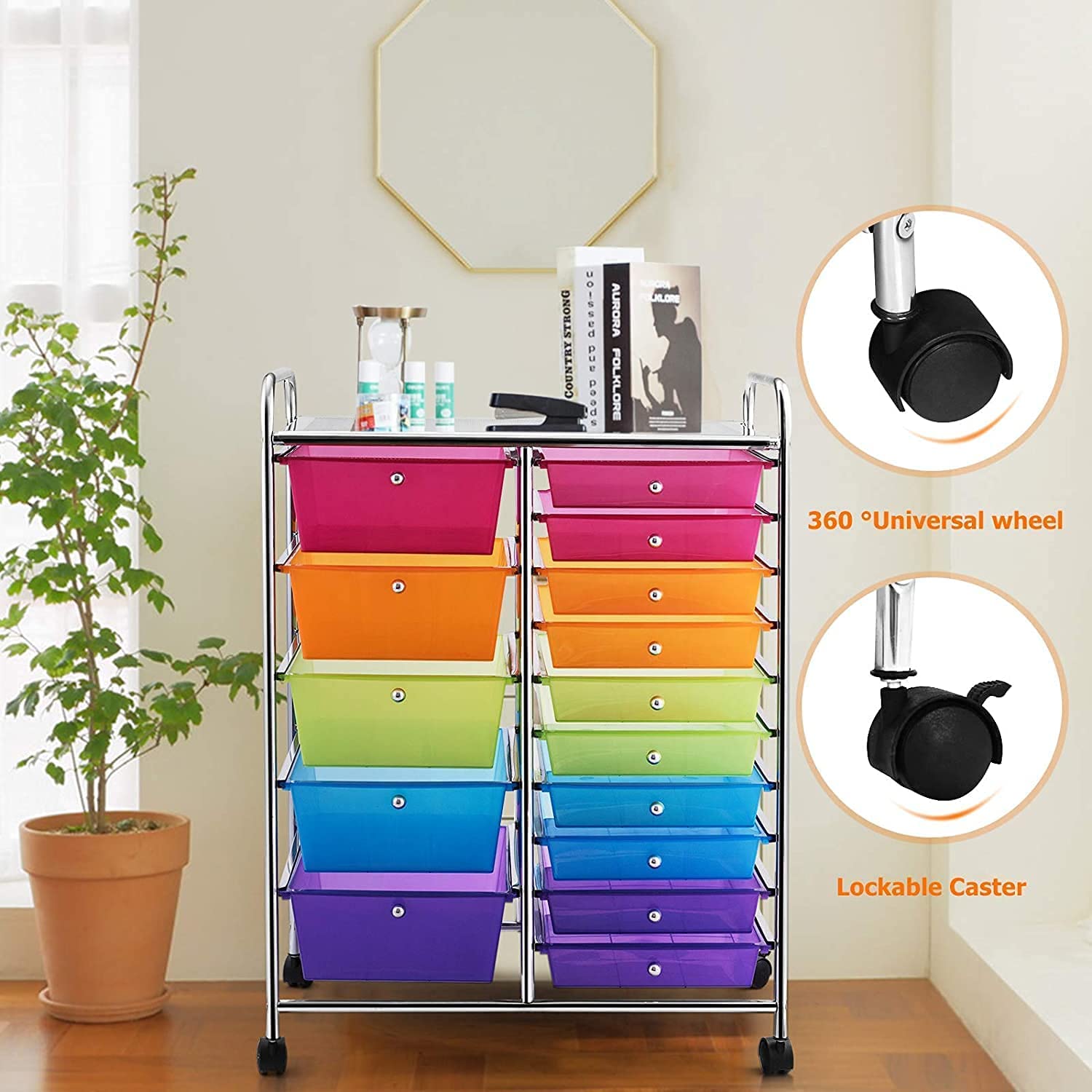 MEDIMALL 15-Drawer Rolling Storage Cart with Wheels - Multipurpose Mobile Organizer for Crafts, Tools, Scrapbook Paper - Perfect for School, Home & Office Use (Rainbow) | Great for Art Supplies, Office Organization & DIY Projects