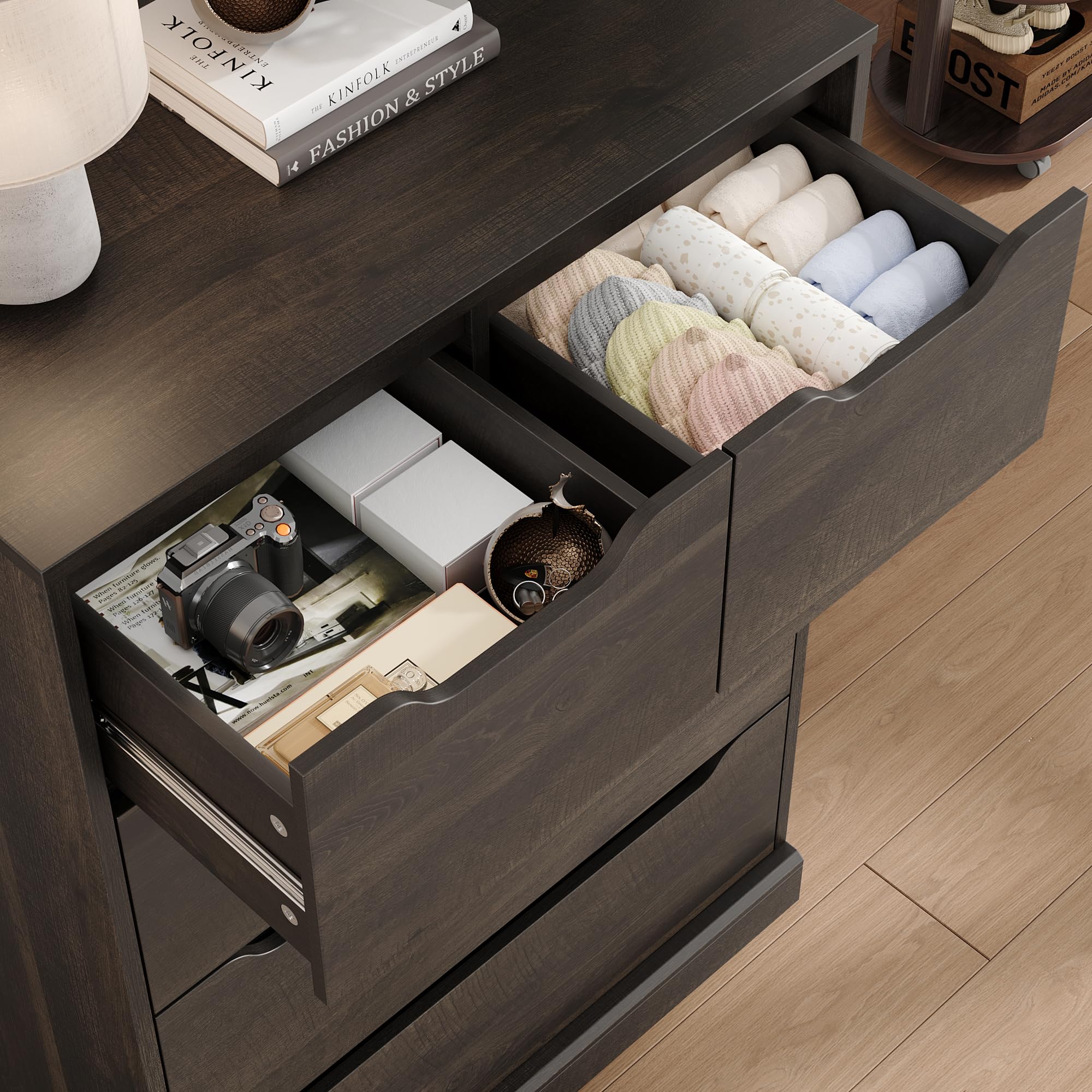Modern 5-Drawer Wood Dresser for Bedroom - Dark Brown Storage Chest with Cut-Out Handles, Organizer Cabinet for Clothes & Accessories - Perfect for Bedroom, Living Room, Entryway & Hallway Storage Solutions