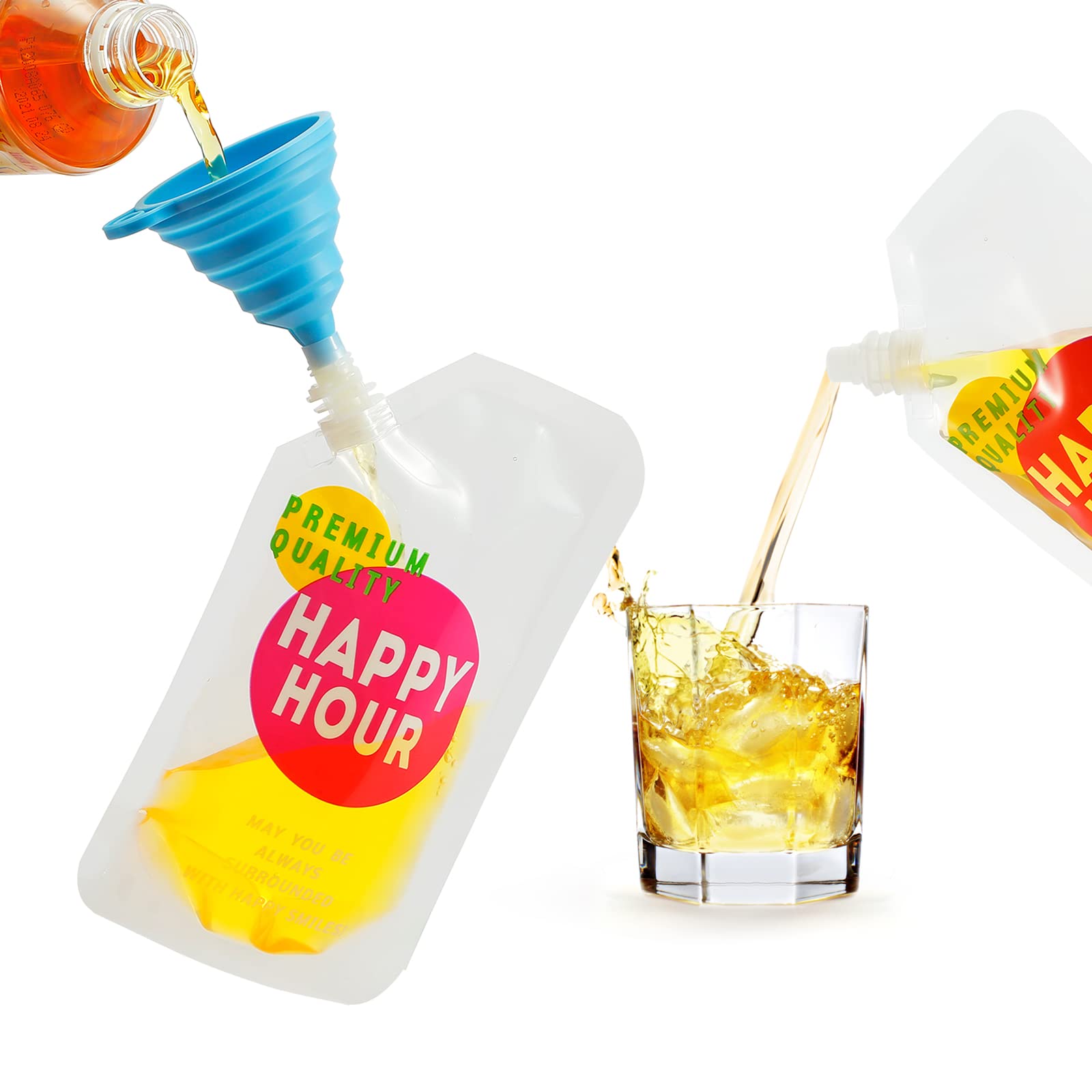 6 Pack Reusable Plastic Drink Pouches for Adults - 16 oz Leak-Proof Flask with Funnel - Perfect for Outdoor Sports, Camping & Travel Hydration