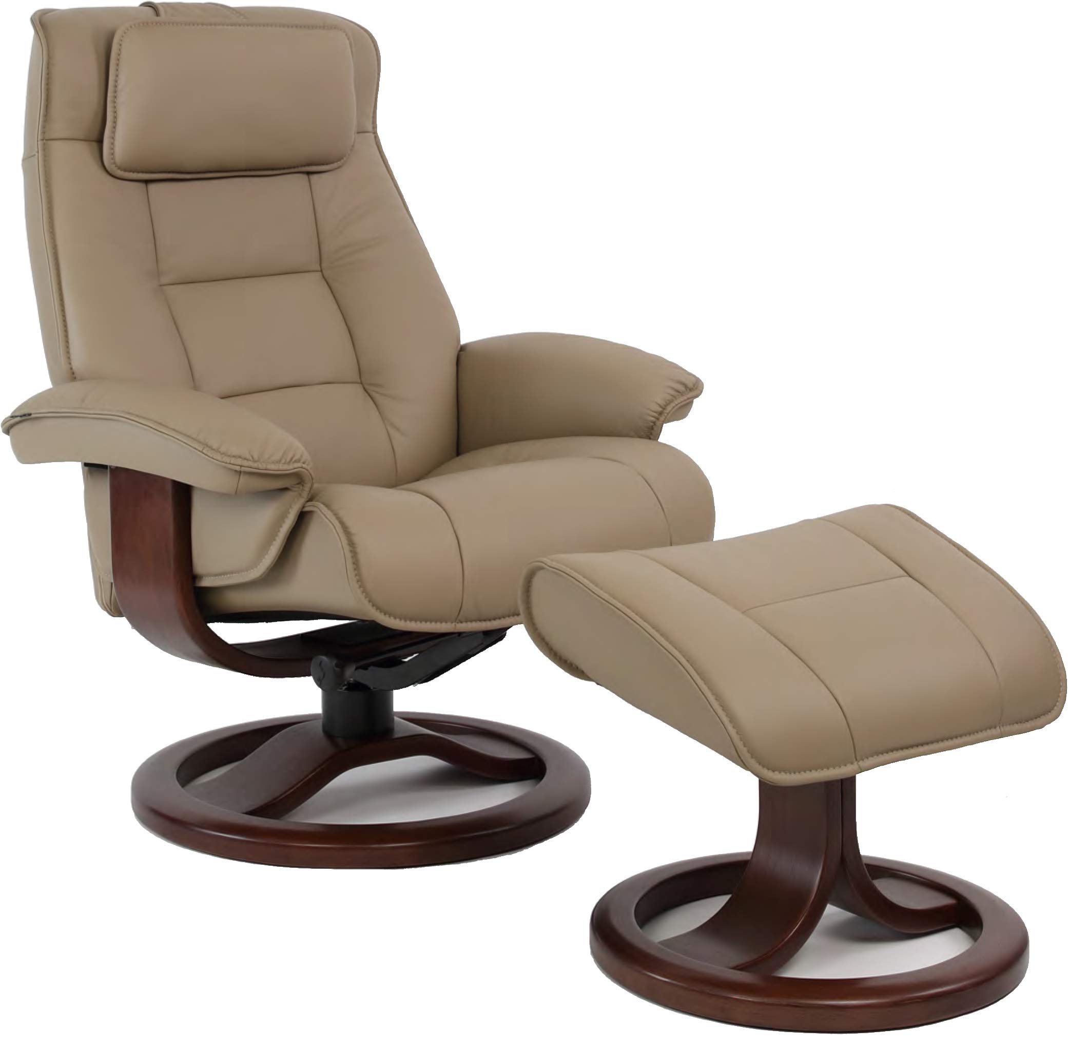 Premium Large Ergonomic Recliner Chair with Ottoman - Stone NL 130 Nordic Line Genuine Leather, Walnut Wood Base - Perfect for Living Room, Home Theater & Office Relaxation