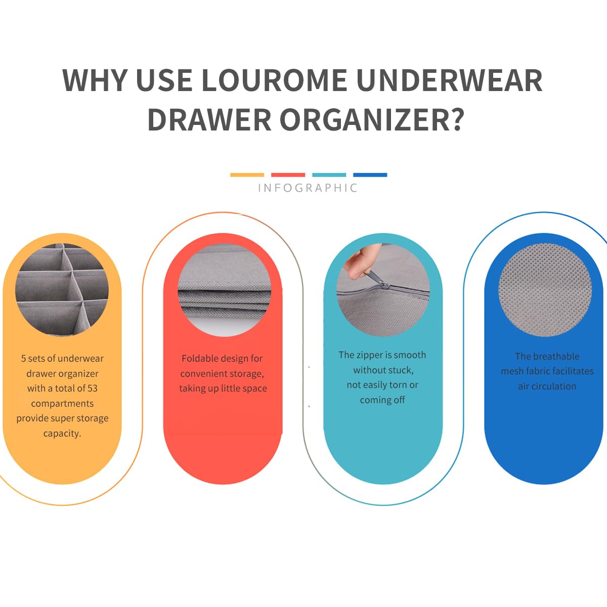 5-Pack Foldable Fabric Underwear & Sock Drawer Organizers - Storage Bins for Underwear, Socks, Bras & Ties - Perfect for Closet, Dresser & Travel Organization