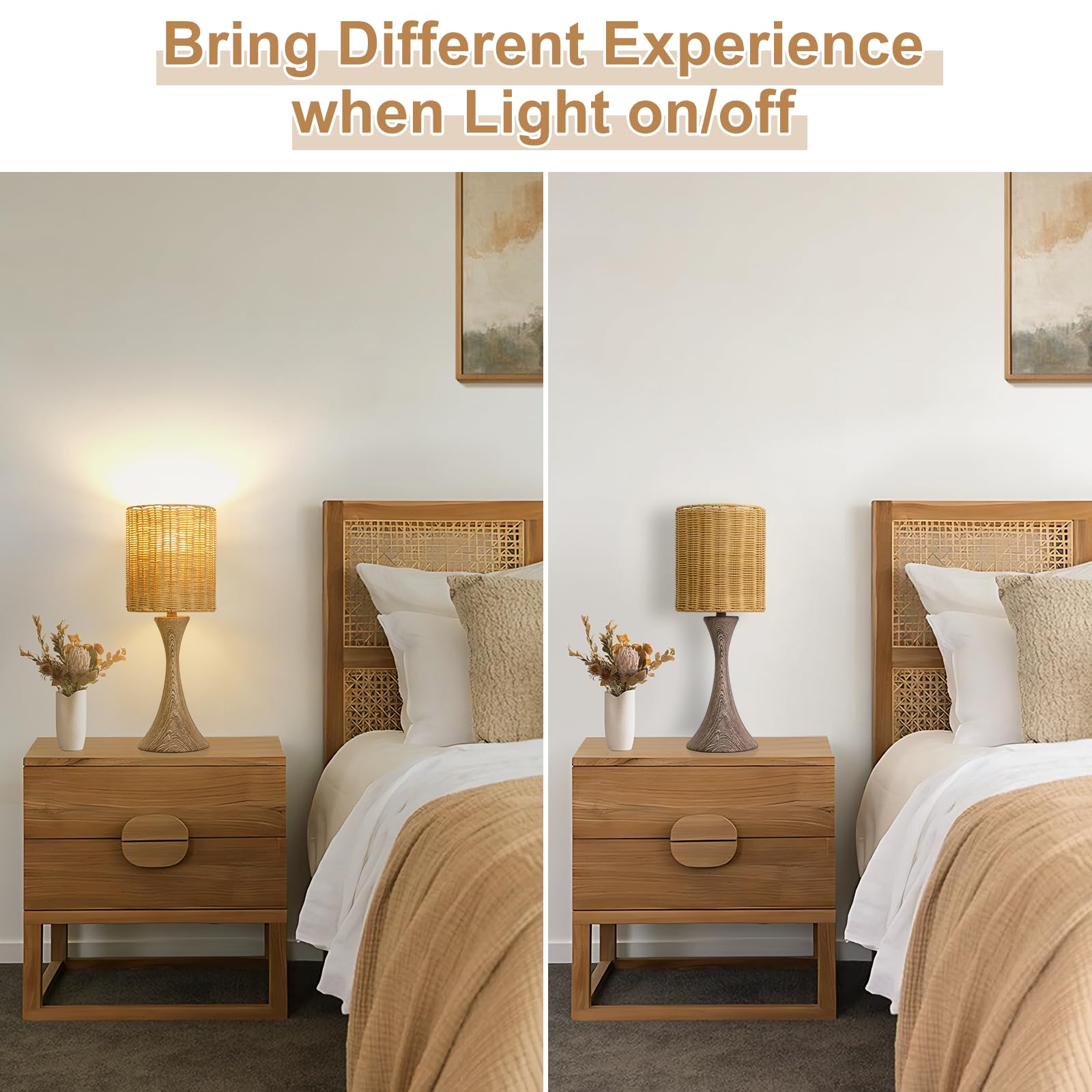 Rattan Touch Lamp with Wood Grain Base - 3-Way Dimmable Nightstand Lamp, Farmhouse Desk Lamp & Small Night Light for Living Room, Bedroom, Dorm & Home Office - Includes 9W LED Bulb - Perfect for Cozy Reading Nook, Modern Farmhouse Decor & Warm Ambient Lighting