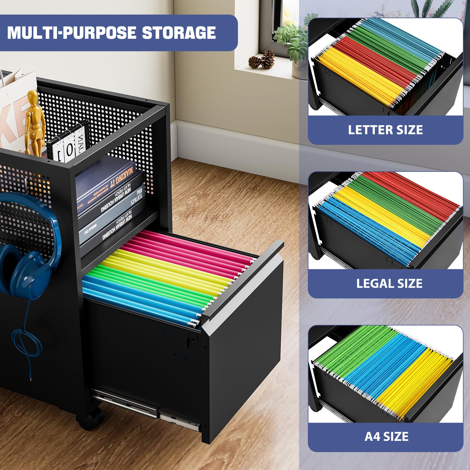 Metal Rolling File Cabinet with Sliding Cover & Wheels - Locking Mobile Storage Cart for Office, Home & Classroom (1 Drawer) - Perfect for Organizing Documents, Tools & Supplies
