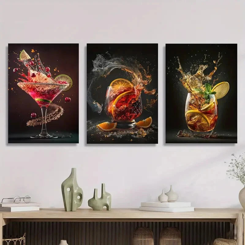 3-Piece Vibrant Beverage Artwork Metal Prints - Ready to Hang Wall Decor for Kitchen, Bar, or Dining Room - Perfect for Home & Office Decoration