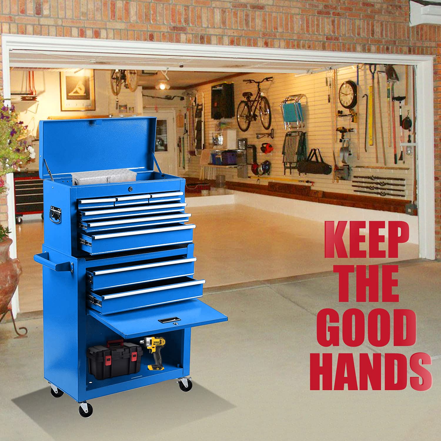 8-Drawer Rolling Tool Chest & Detachable Organizer - 2-in-1 High Capacity Tool Storage Cabinet with 4 Wheels & Lockable Lined Drawers for Garage, Warehouse, Workshop (Blue) - Perfect for Mechanics, DIY Enthusiasts & Professional Tool Organization