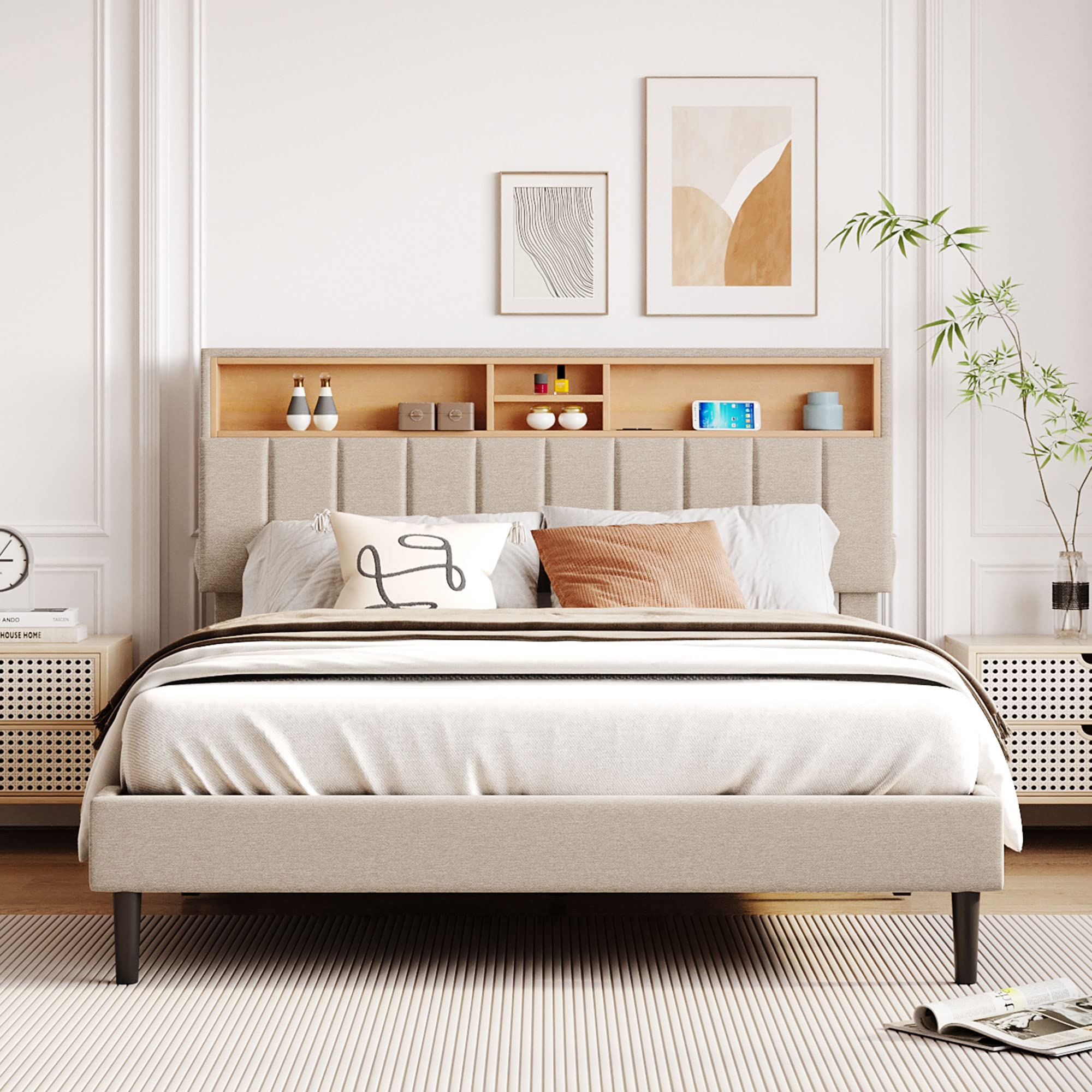 P PURLOVE Queen Size Upholstered Platform Bed Frame with Storage - Adjustable Headboard & USB Ports - Modern Linen Fabric Bed Frame for Master Bedroom, Guest Room & Small Space