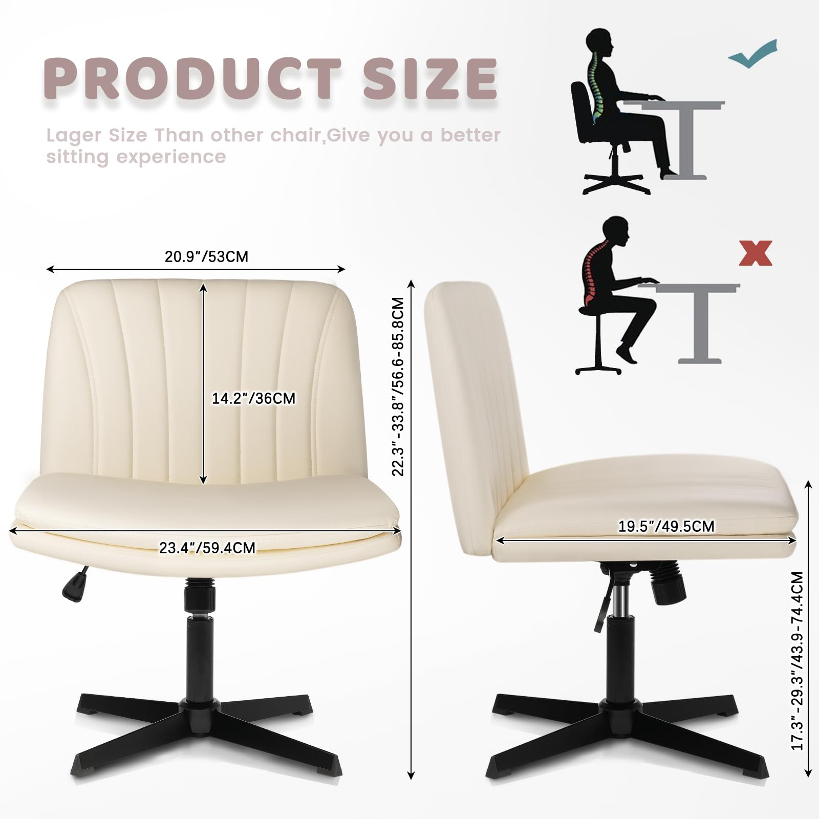 LEMBERI PU Leather Padded Armless Swivel Office Chair - No Wheels, Mid Back Ergonomic Desk Chair with 120° Rocking Function for Home Office, Makeup Vanity & Small Spaces (Beige) - Perfect for Compact Workstations & Beauty Stations
