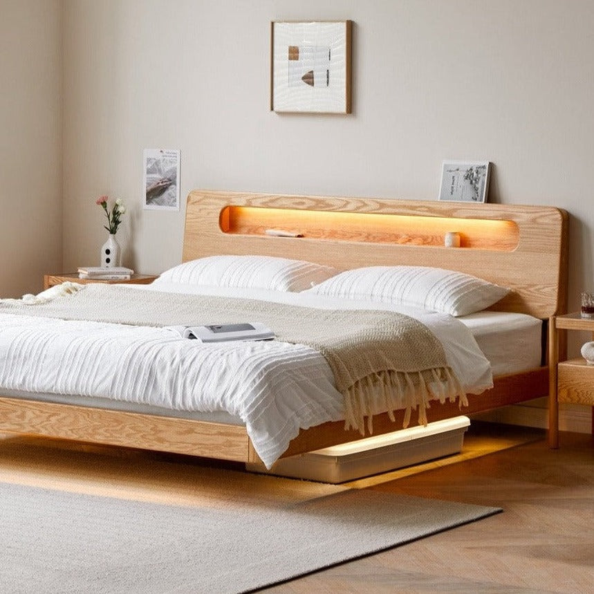 Solid Oak Wood Suspension Luminous Bed - Modern Floating Platform Bed with LED Lighting for Bedroom, Guest Room, or Dorm