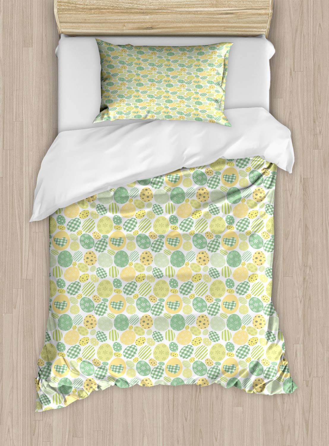 Ambesonne Easter Bunny Duvet Cover Set - Pastel Dyed Easter Eggs Design, 2-Piece Twin Size Bedding with Pillow Sham in Yellow & White - Perfect for Spring Decor, Holiday Bedroom Makeover & Easter Themed Room