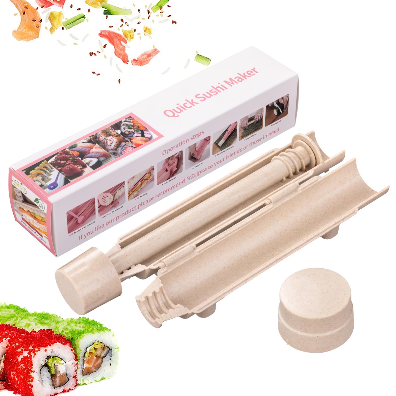 Premium Sushi Maker Kit - BPA-Free Food Grade Plastic Sushi Roller Bazooka for Beginners & Kids - Easy DIY Homemade Sushi Making Tool for Family Cooking, Parties & Healthy Snacks - Beige