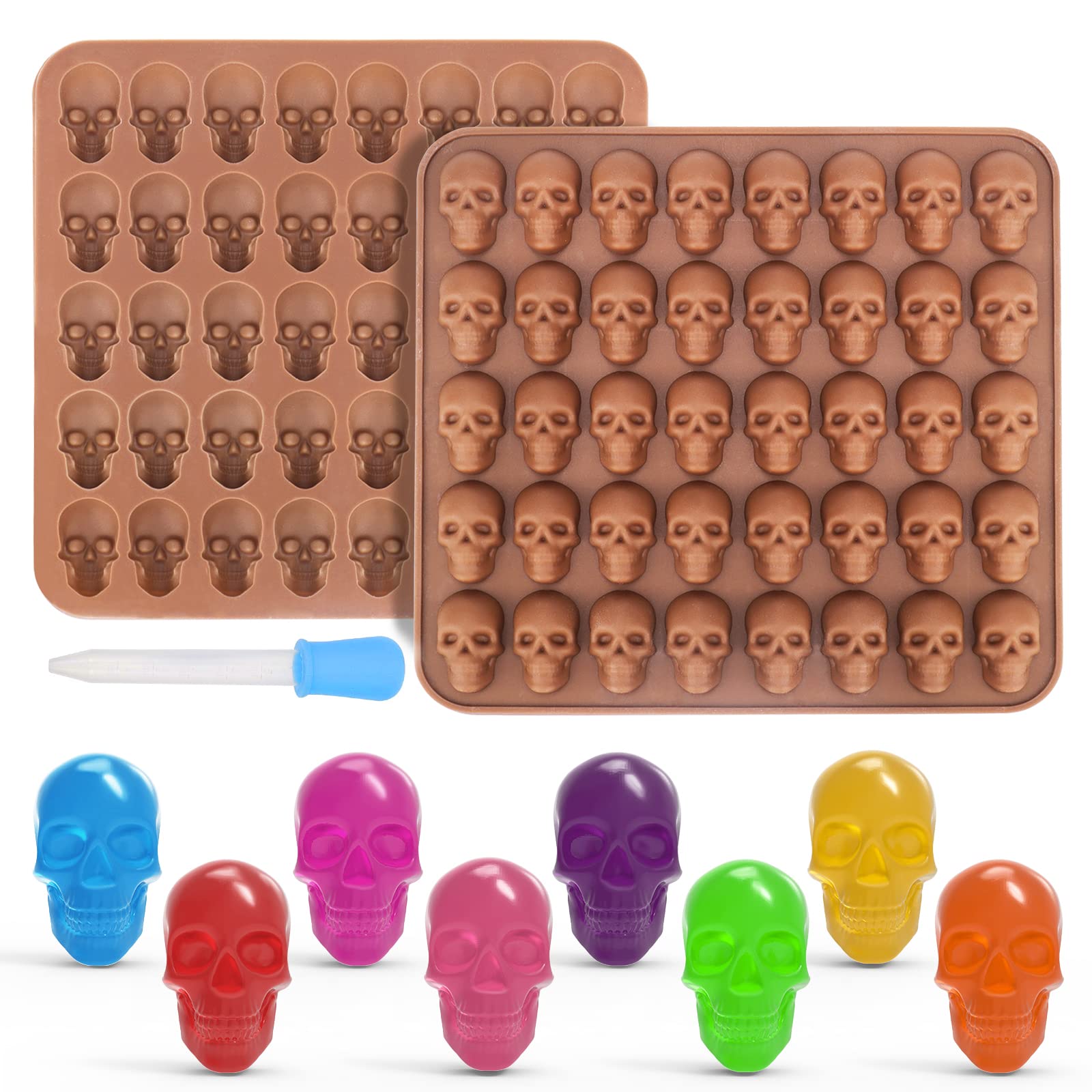 Juome Gummy Skull Silicone Candy Molds - 2 Pack Mini Skull Chocolate & Jello Molds with Dropper for Halloween Treats, DIY Candy Making, Party Favors, Baking Decorations