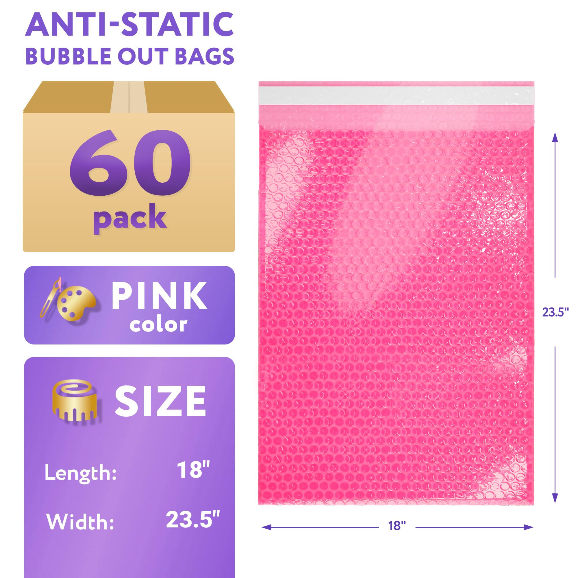 APQ 18x23.5 Inch Pink Anti Static Bubble Bags - Pack of 60 Polyethylene Self Seal Bubble Pouches for Electronics Shipping, Waterproof Cushioning Packaging for Phones, Laptops & Fragile Items - Ideal for Ecommerce, Amazon FBA & Online Store Protection