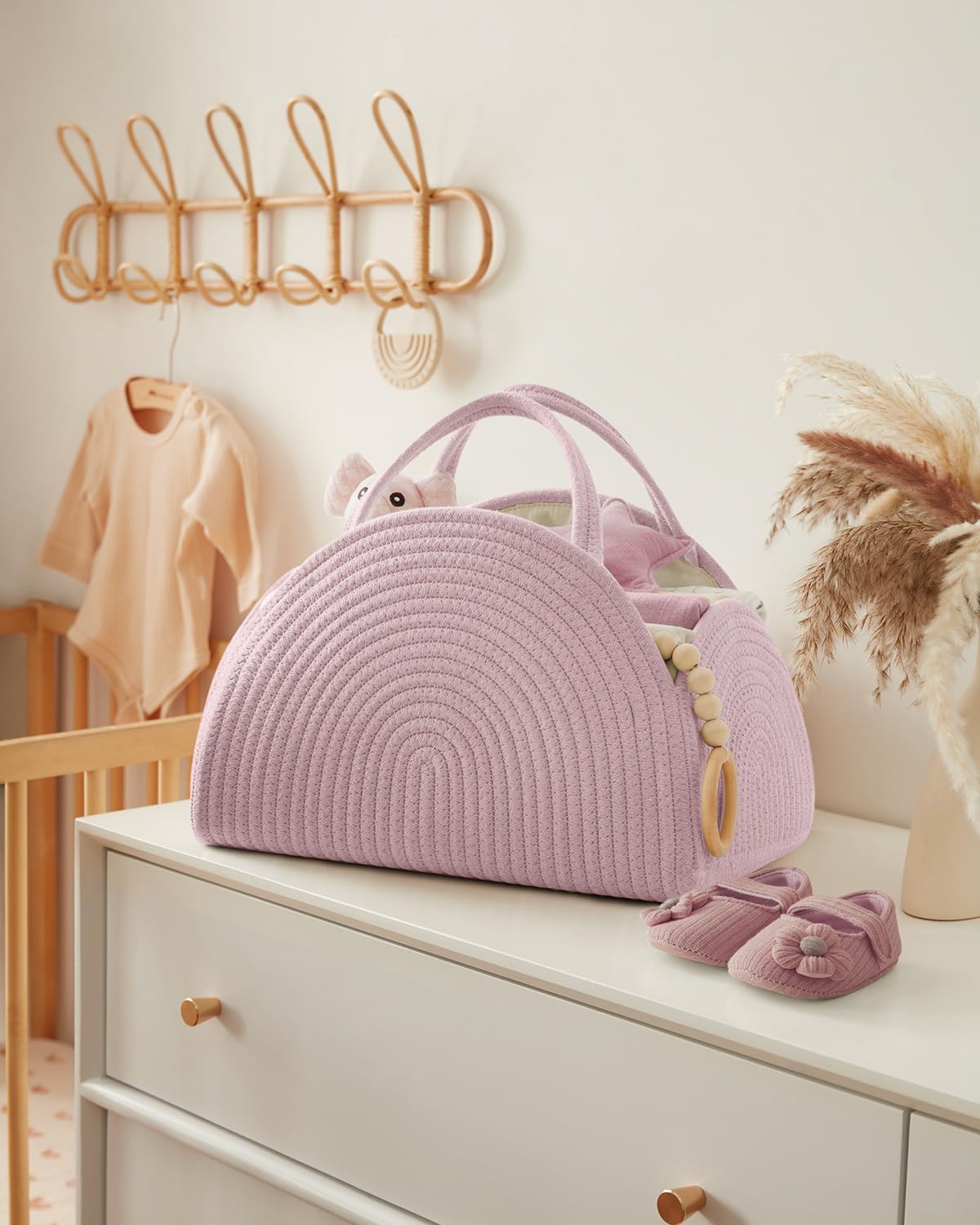 Blissful Diary Baby Diaper Caddy Organizer - Cotton Rope Storage Basket for Newborn Boys & Girls | Large Baby Shower Gift & Nursery Essentials | Perfect for Diaper Changing, Baby Care & Nursery Organization | Light Pink