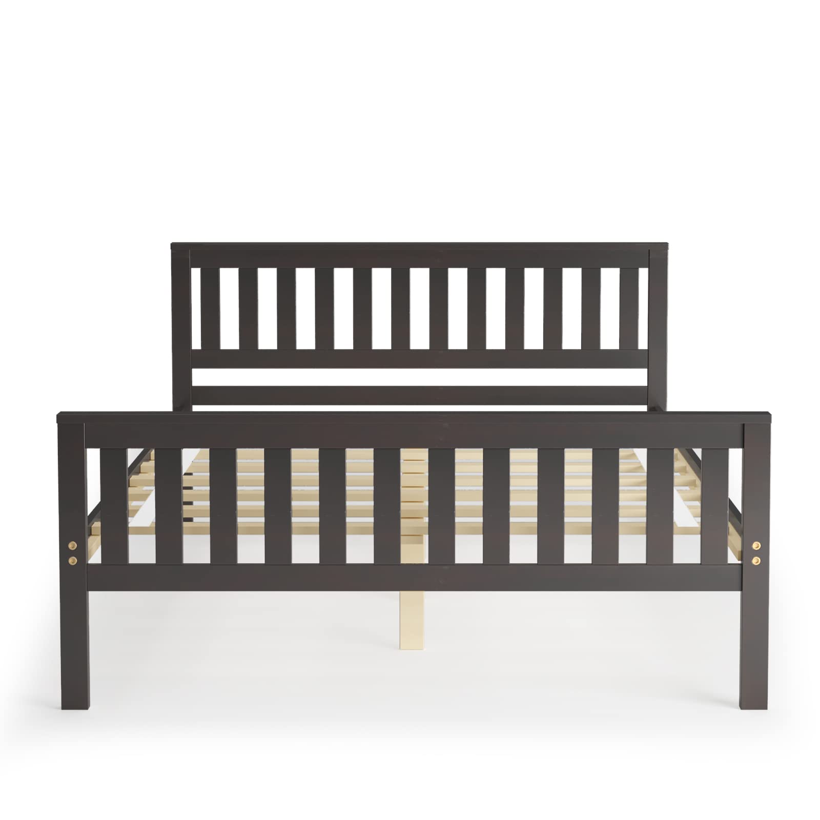 **KOMFOTT Solid Wood Full Size Bed Frame with Headboard & Footboard - 8-Slat Platform Mattress Foundation, 12
