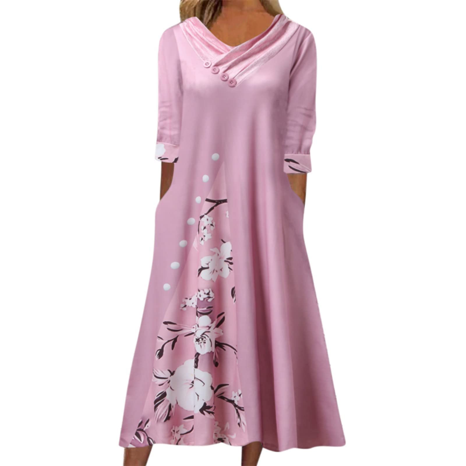 OJUS Women's Floral Print Maxi Dress - V-Neck Half Sleeve Casual Midi Dress with Pockets, Button Front for Vacation, Beach & Summer Outfits