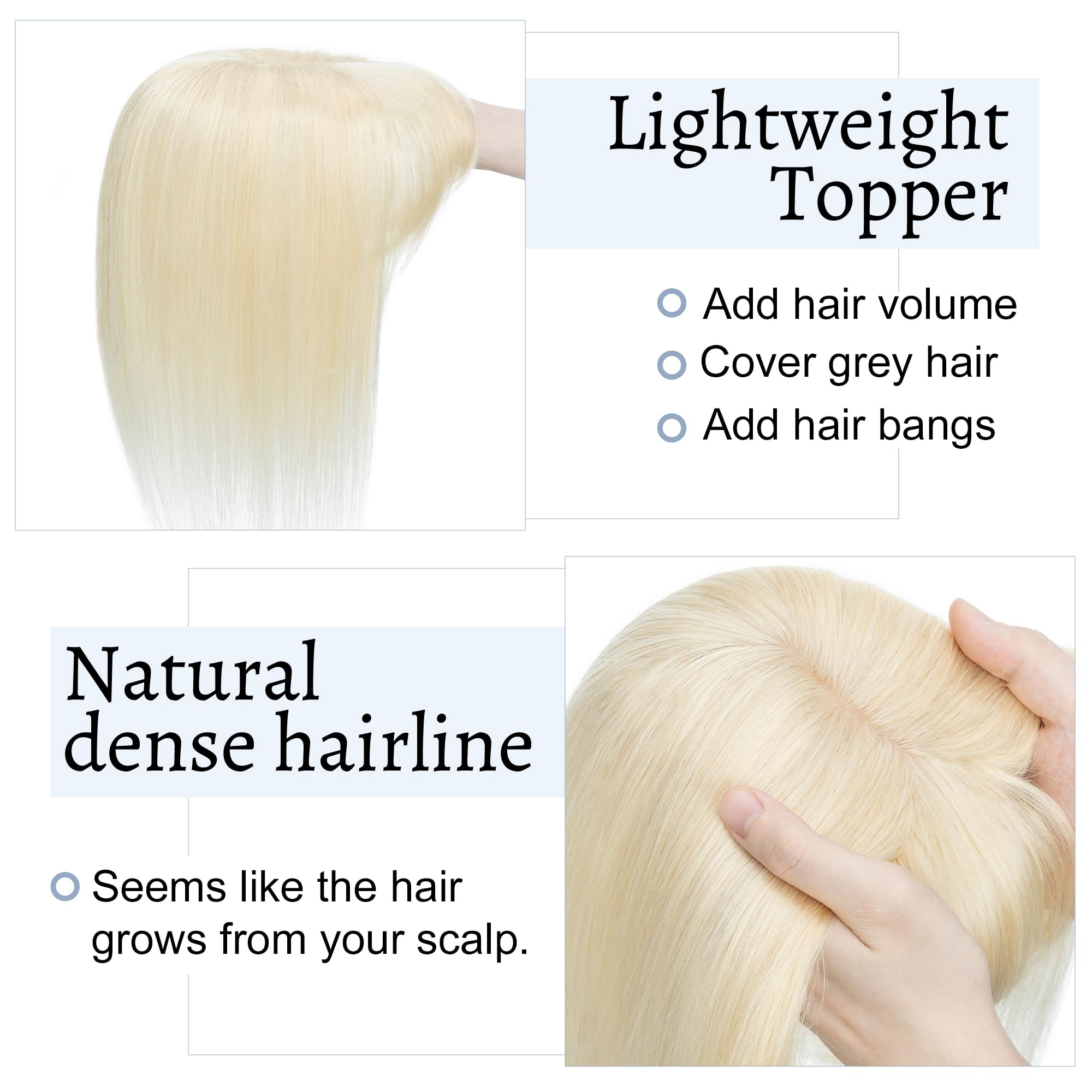 Premium 18 Inch Platinum Blonde Human Hair Topper with Bangs | 7x13cm Silk Base Clip-In Hairpiece for Women with Thinning Hair | Natural Looking Hair Thickener for Daily Wear, Special Occasions & Styling