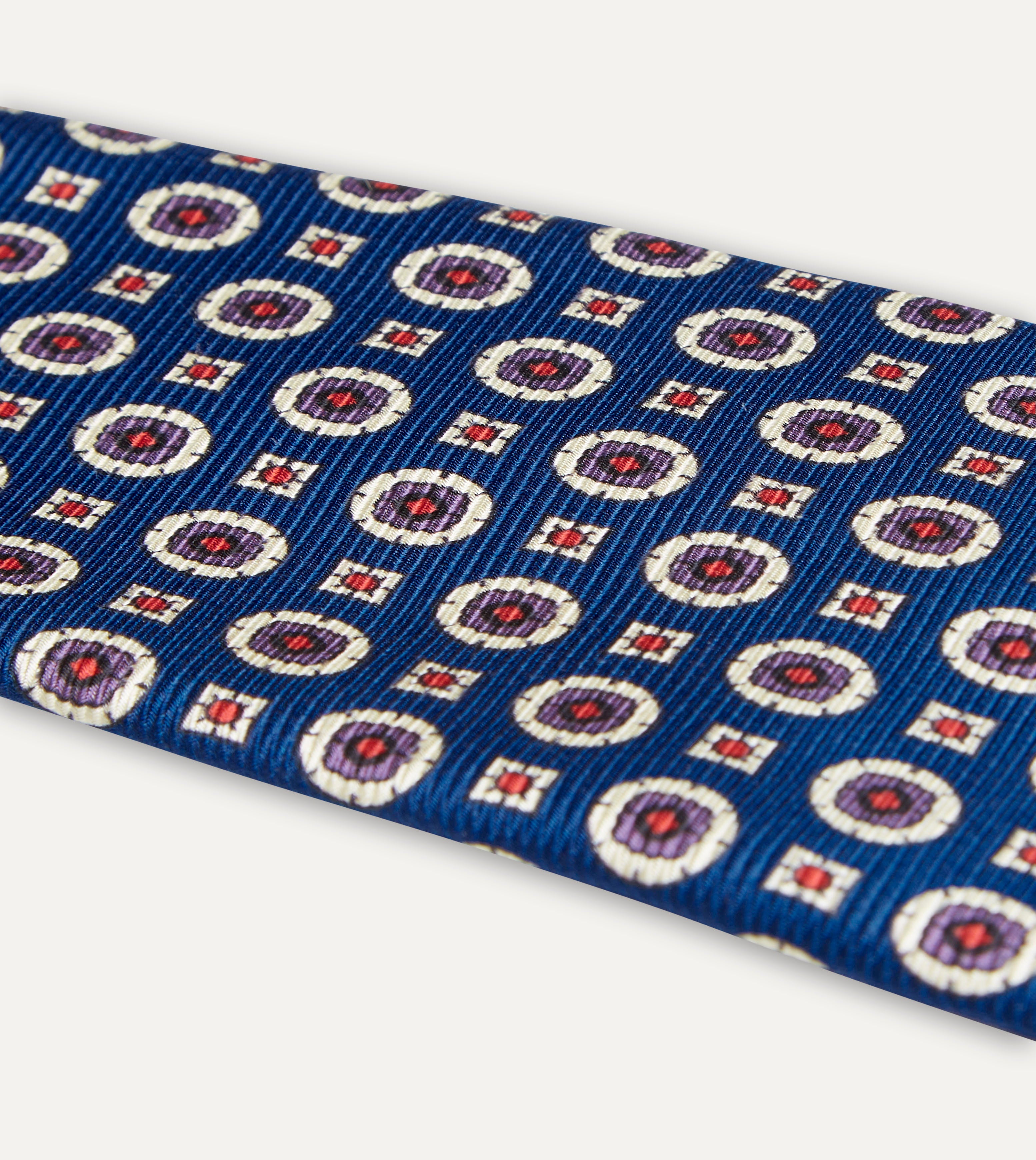 Blue and Red Geometric Medallion Print Silk Foulard Tie for Men - Elegant Designer Necktie for Business, Weddings & Formal Occasions