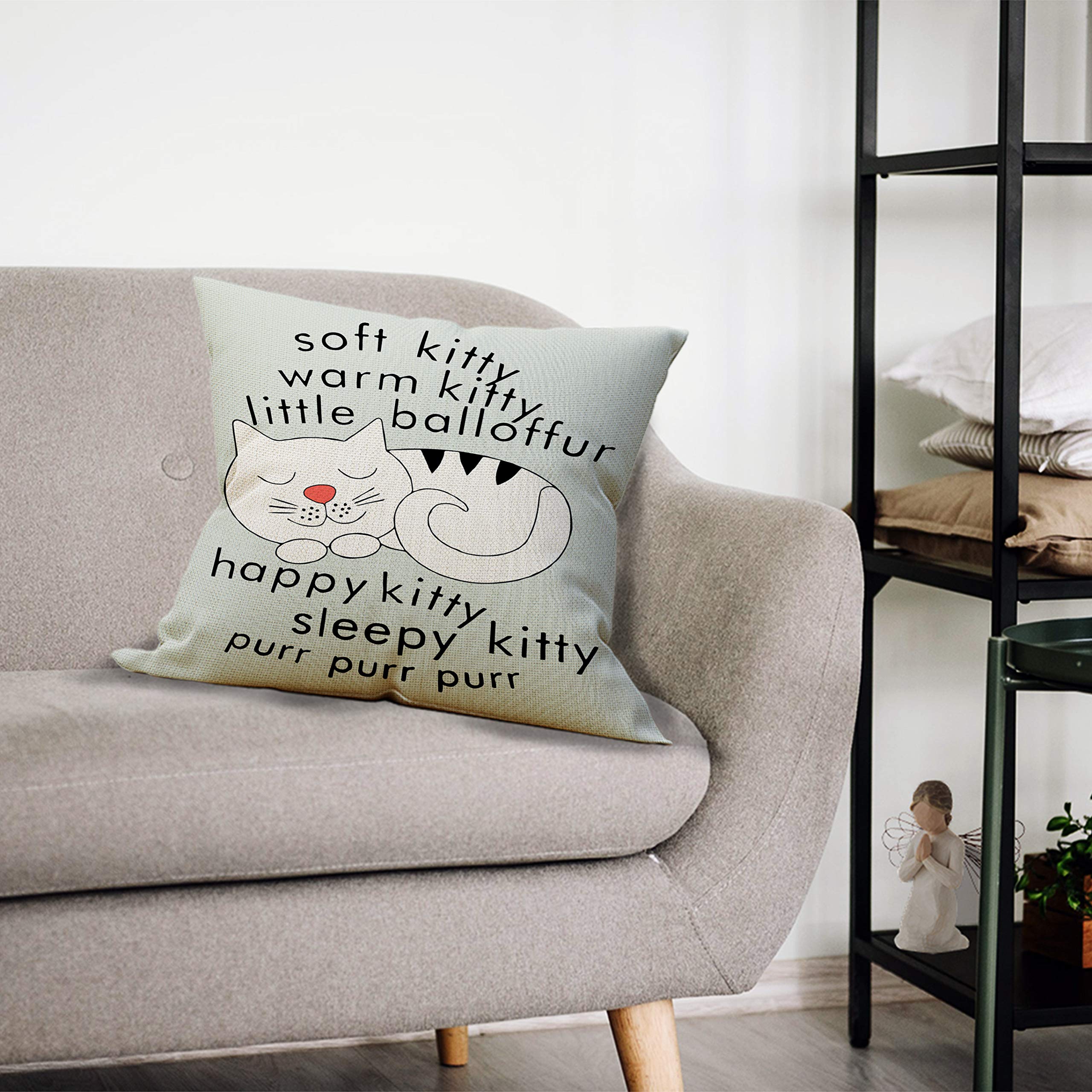 Funny Kitty Sleepy Throw Pillow Cover - 18x18 Inch Cat Lover Gift for Women, Cat Mom & Aunt - Cute Cat Decor Linen Cushion Case for Sofa, Couch & Bed - Perfect for Home Decor & Cozy Cat-Themed Spaces