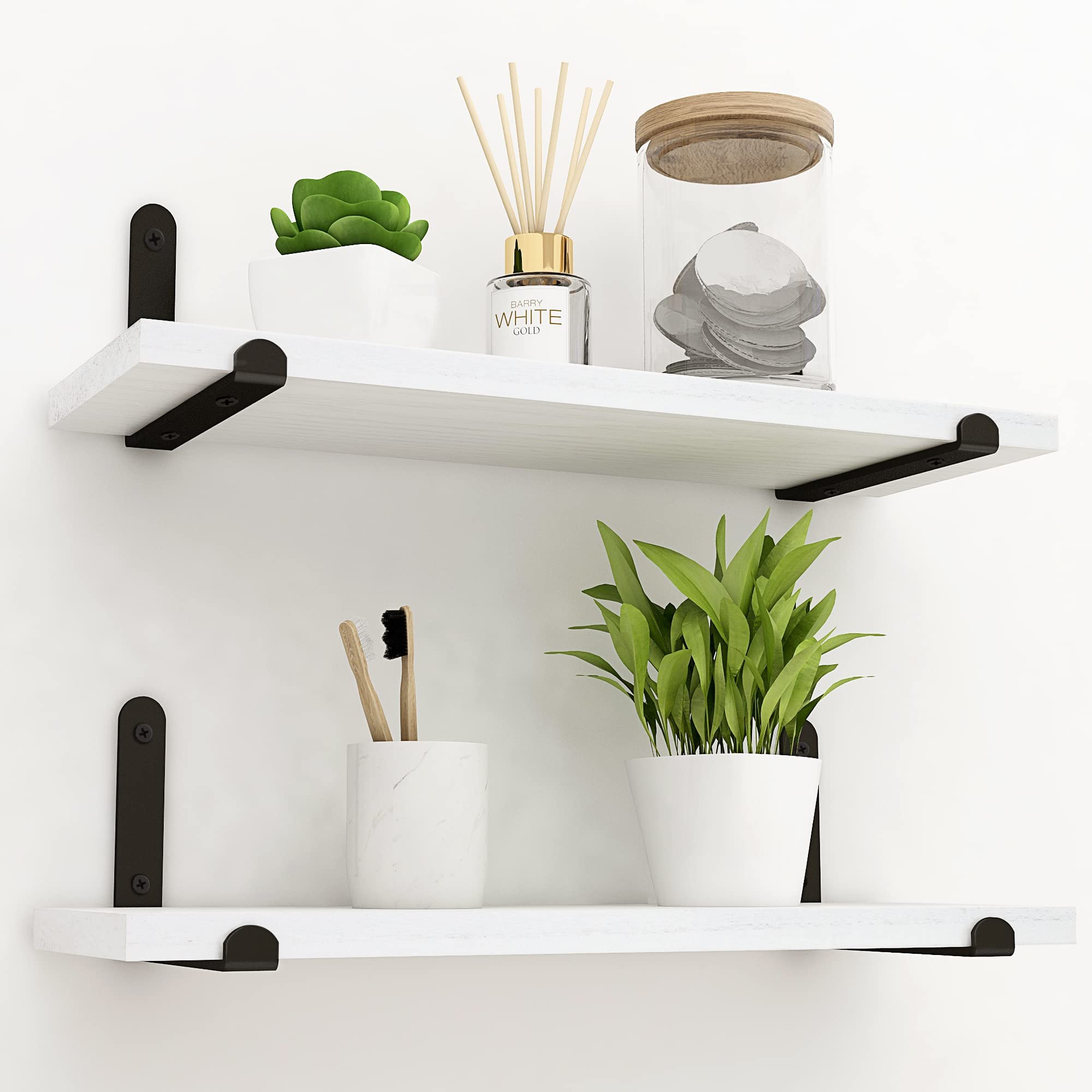 White Floating Shelves Set of 2 - Modern Over Toilet Bathroom Organizer & Wall Mounted Storage Shelf with Black Brackets - Neutral Wooden Decorative Shelves for Living Room, Kitchen, Bedroom & Office Organization