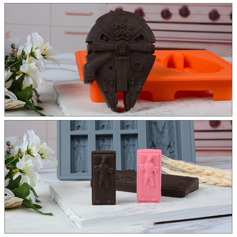 Star Wars Ice Cube Tray Set - Silicone Non-Stick Chocolate & Candy Molds (Stormtrooper, Darth Vader, X-Wing, Millennium Falcon, R2-D2, Han Solo, Boba Fett, Death Star) - Perfect for Cocktails, Kids Parties & Baking Decorations