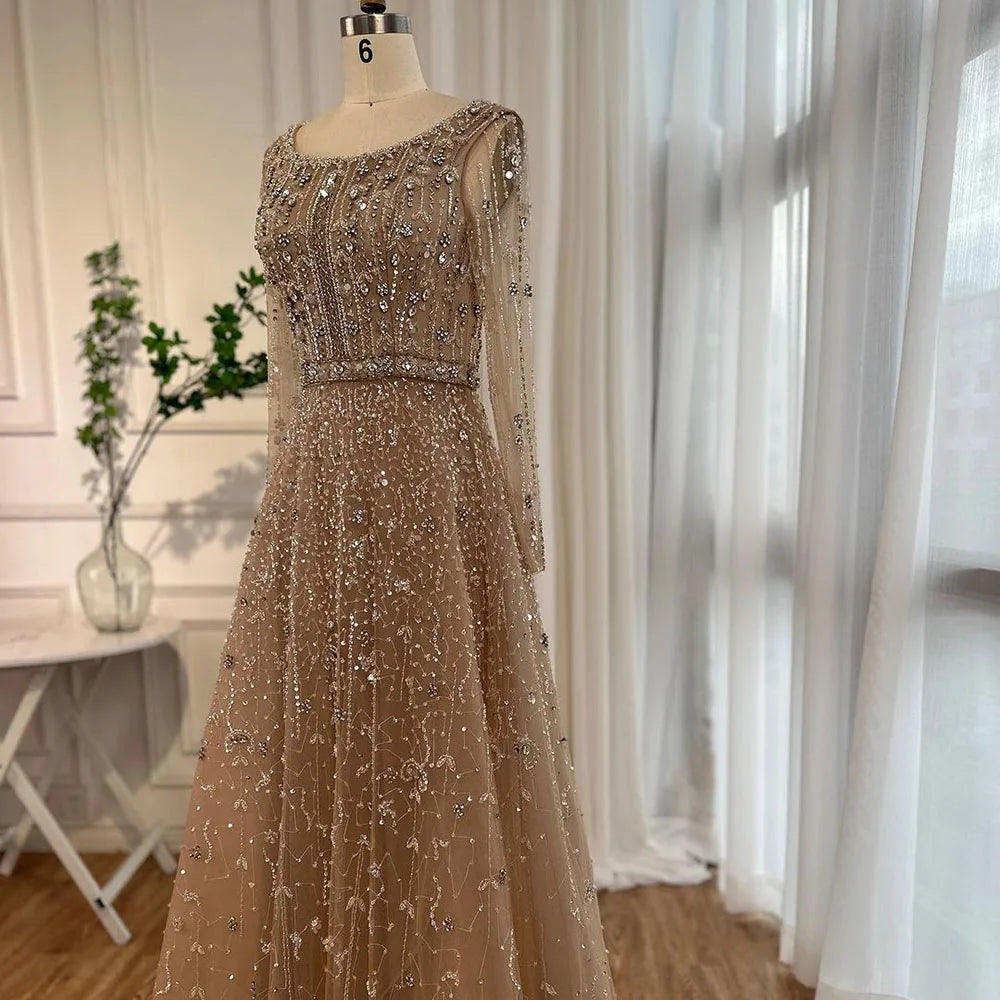 Luxury Dubai Arabic Designer Beaded A-Line Evening Gown for Women - Elegant Nude Wedding & Party Dress LA72088 | Perfect for Formal Events, Galas & Special Occasions