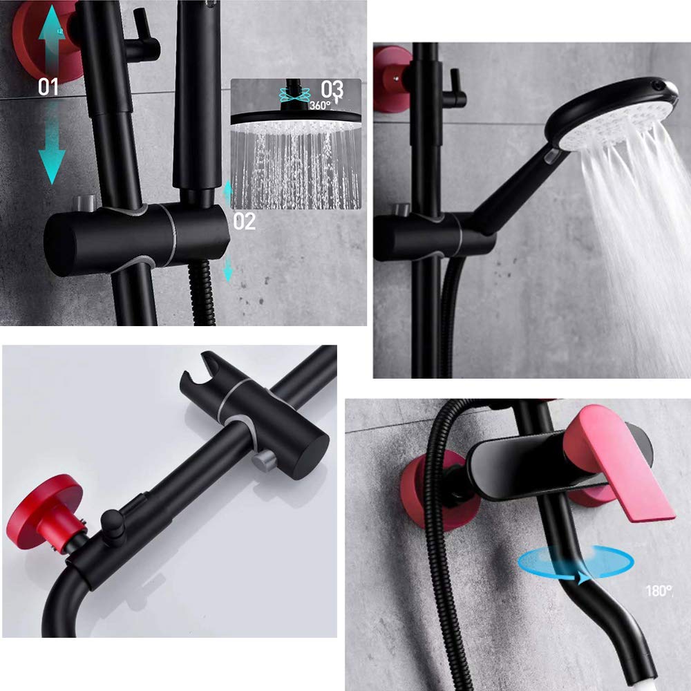 CHLDDHC Black and Red Rain Mixer Shower Set with Round Shower Head, Hand Shower & Tub Faucet - Modern Bathroom Fixture for Spa-Like Shower Experience