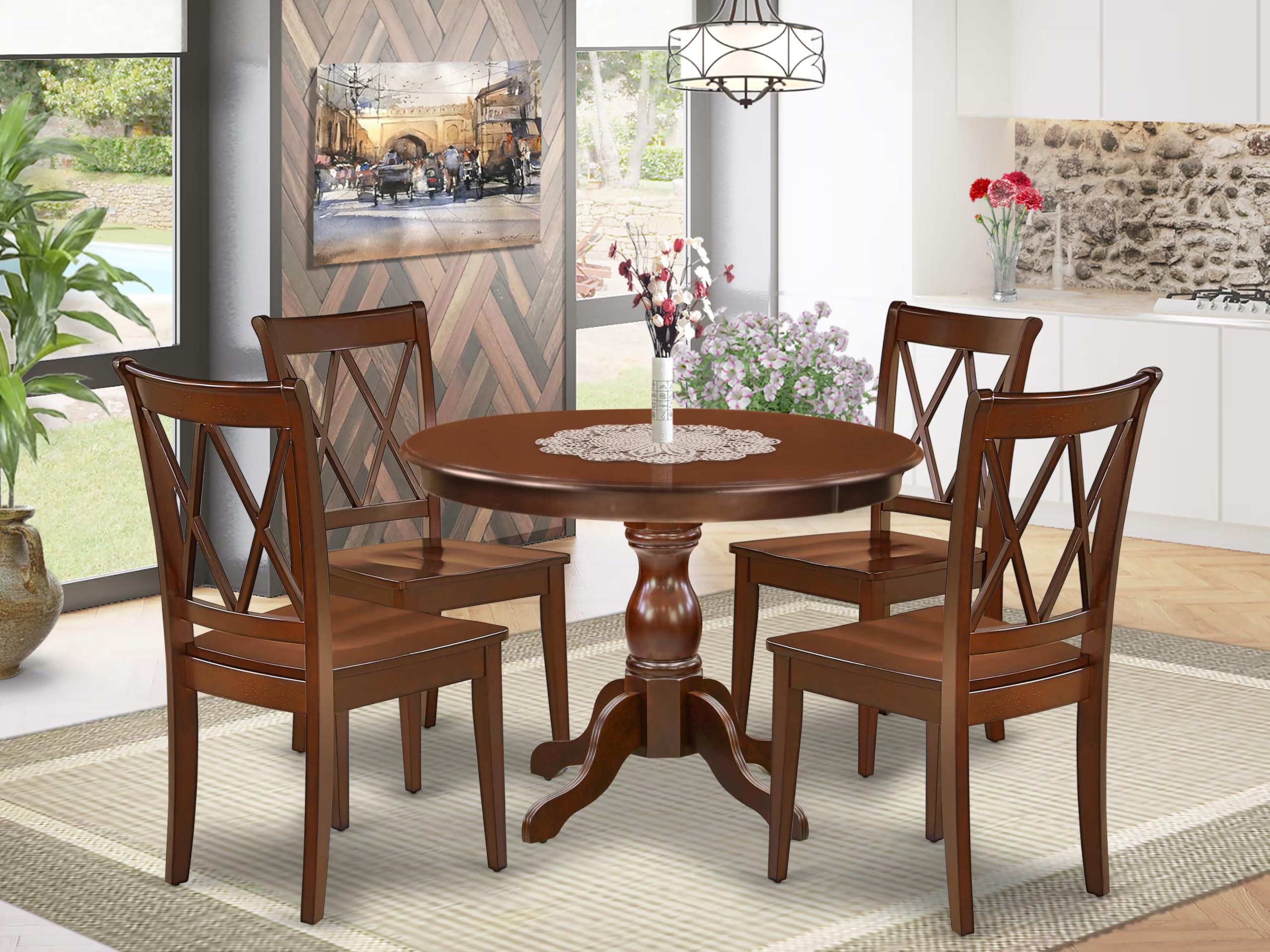 East West Furniture 5-Piece Mahogany Dining Set with Round Pedestal Table & 4 Chairs - 42x42 Inch Kitchen Table Set for Small Spaces, Breakfast Nook, and Apartment Dining Room