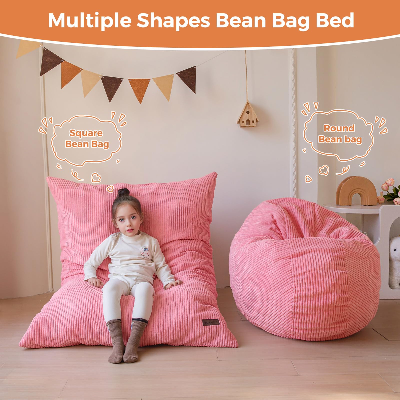 MAXYOYO 3-in-1 Kids Convertible Bean Bag Chair & Bed - Corduroy Round Floor Sofa for Children | Pink Gaming & Reading Chair | Perfect for Playrooms, Bedrooms & Dorm Rooms