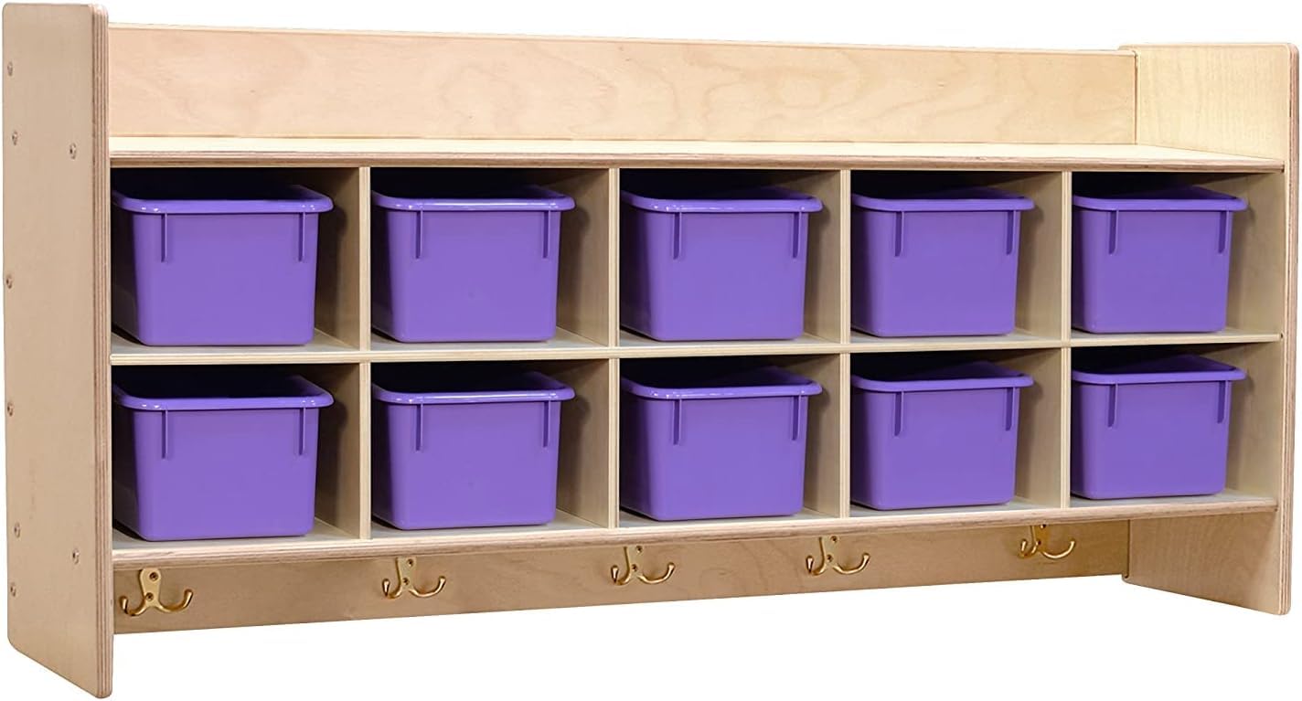 Montessori 10-Section Wall Hanging Cubby Organizer with Purple Storage Bins & Hooks - Sturdy Kids Bookshelf for Homeschool & Classroom - Fully Assembled Space-Saving Storage Solution for Toys, Books & School Supplies