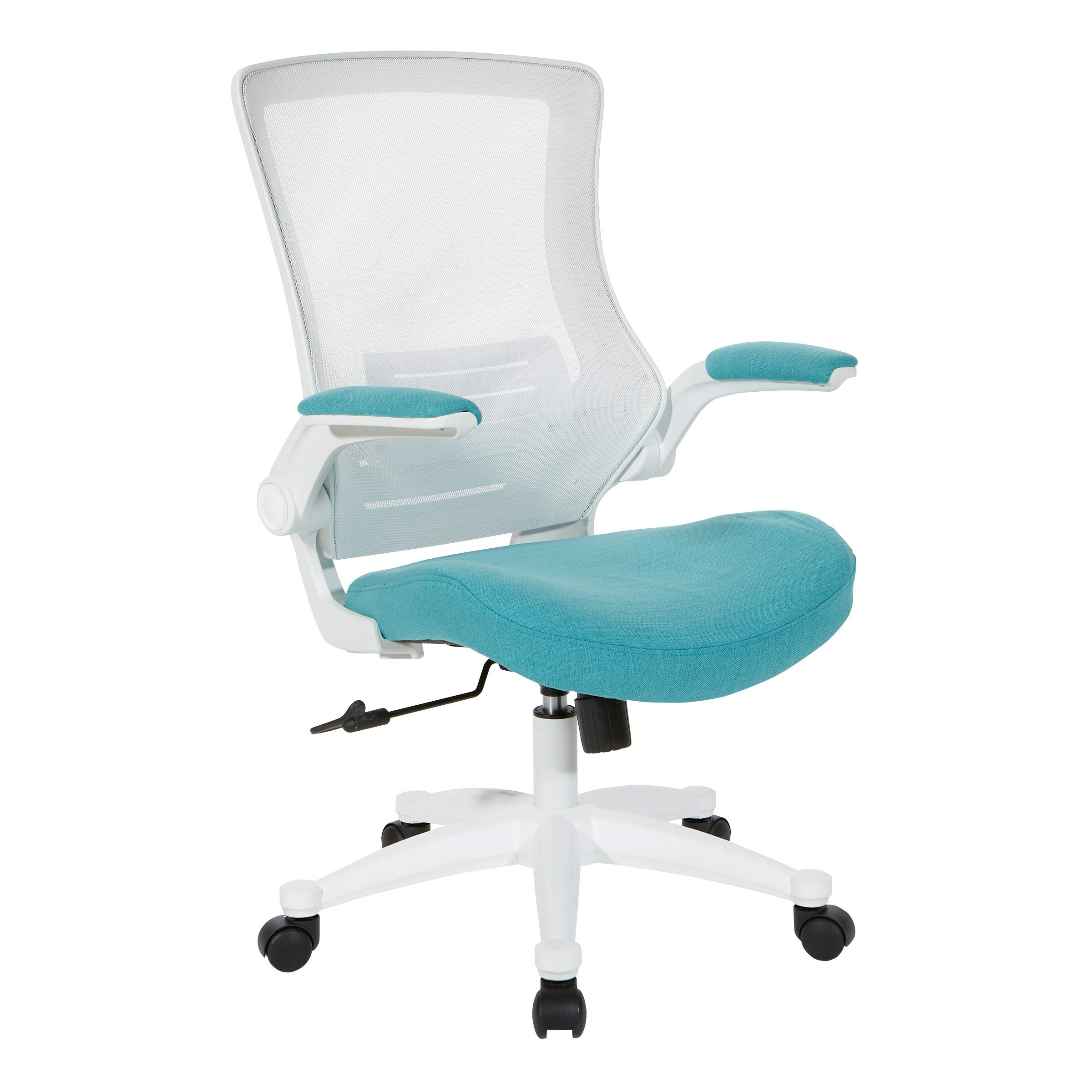 Office Star Ventilated White Screen Back Manager's Office Chair with Padded Flip Arms & White Nylon Base - Linen Turquoise Fabric - Ergonomic Desk Chair for Home & Office Workspaces