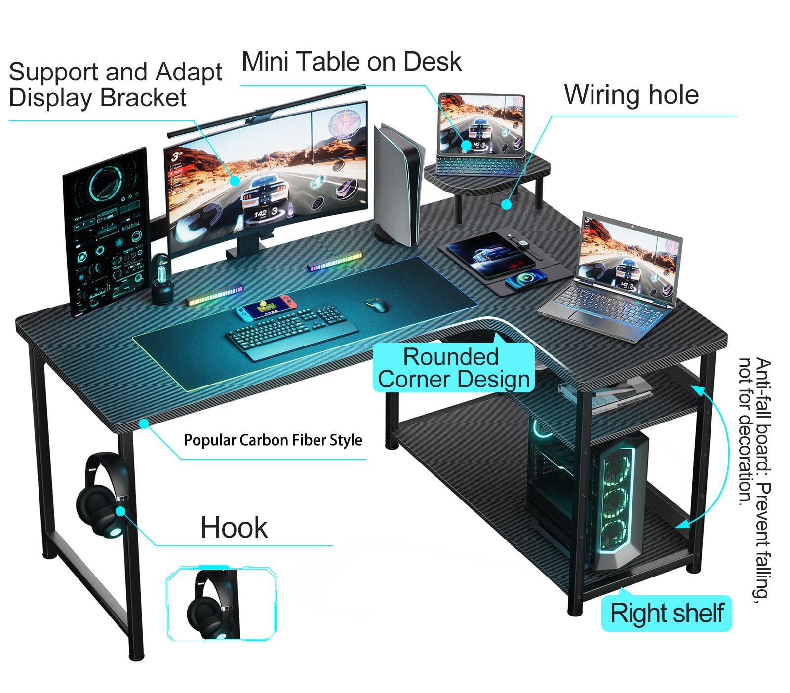 GTRACING L-Shaped Gaming Desk - Carbon Fiber Style Computer Desk with Monitor Arm Mount & Storage Shelves, Corner Desk for Home Office, Easy to Assemble with Adjustable Shelf Height - Perfect for PC Gaming, Streaming & Work Setup