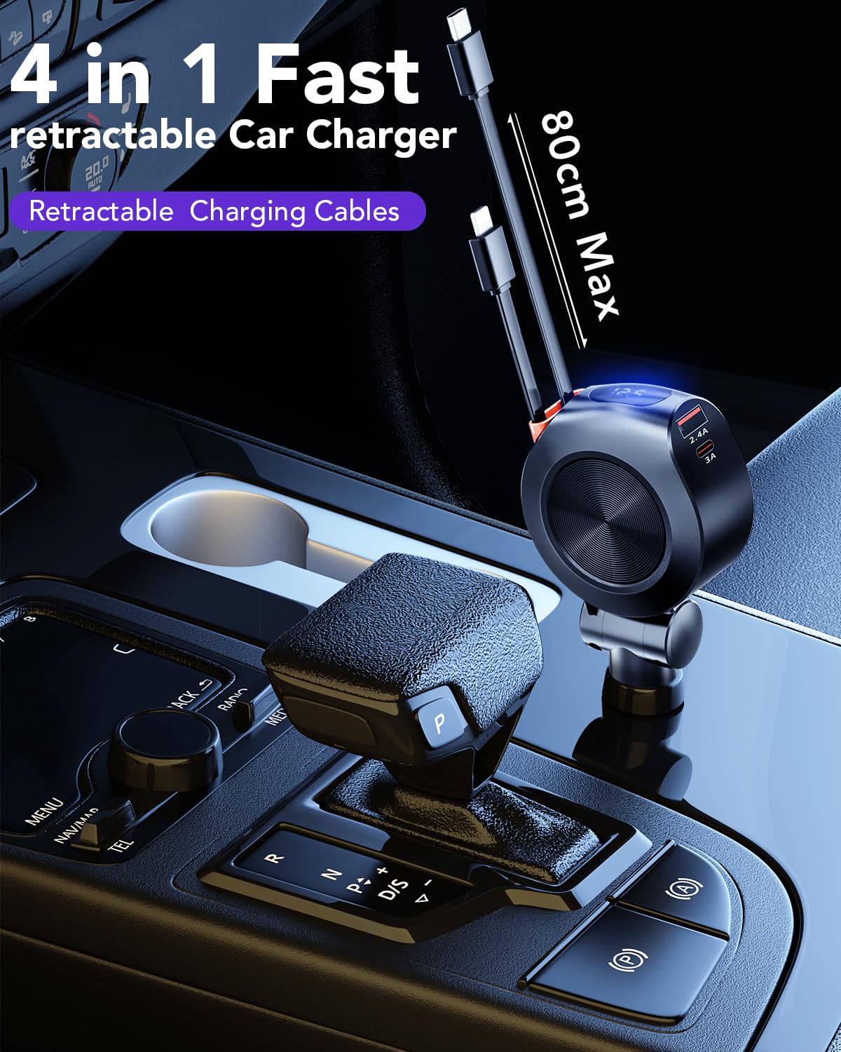 69W Retractable Car Charger with 4-in-1 Fast Charging - Dual USB Ports & 2 Retractable Cables for iPhone 16/15/14/13, AirPods 4/3, iPad, Galaxy, Pixel & Android Phones | Perfect for Road Trips & Daily Commutes